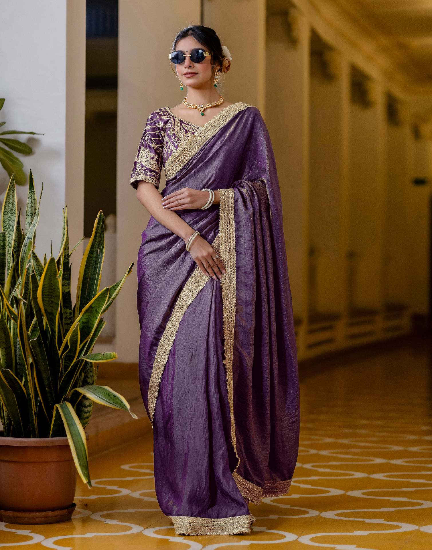 Purple Shimmer Chiffon Lace Saree - Image 9