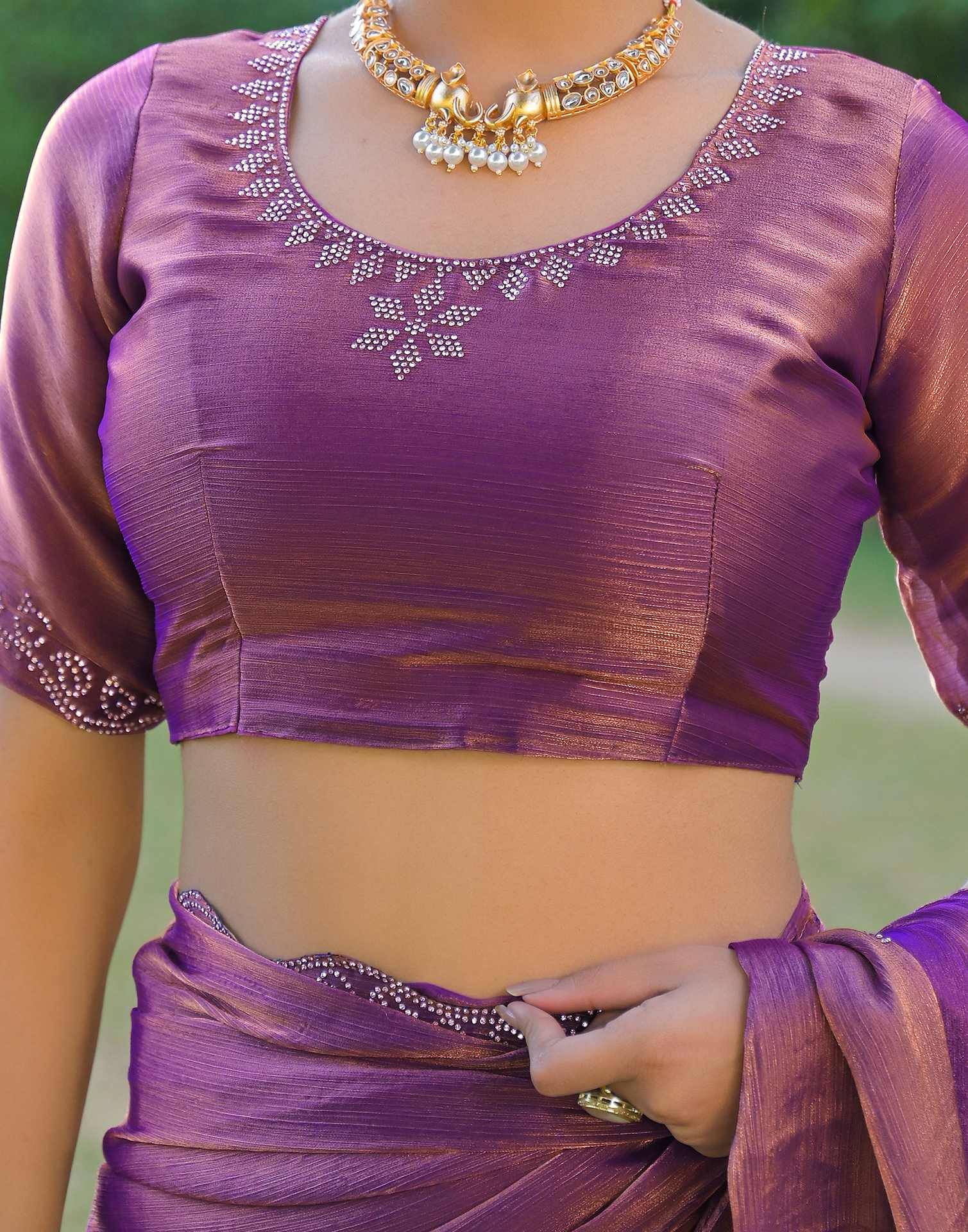 Purple Shimmer Chiffon Stone Work Swarovski saree - Image 11