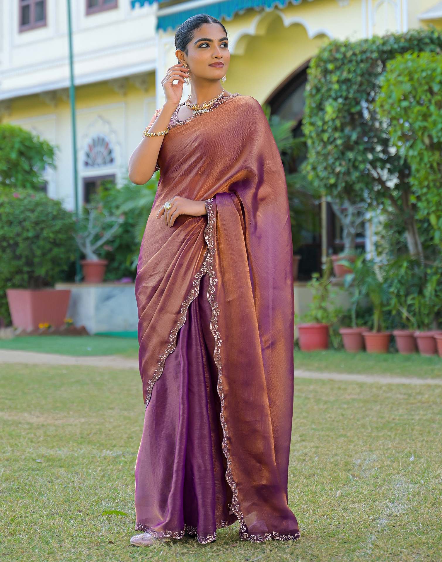 Purple Shimmer Chiffon Stone Work Swarovski saree - Image 4