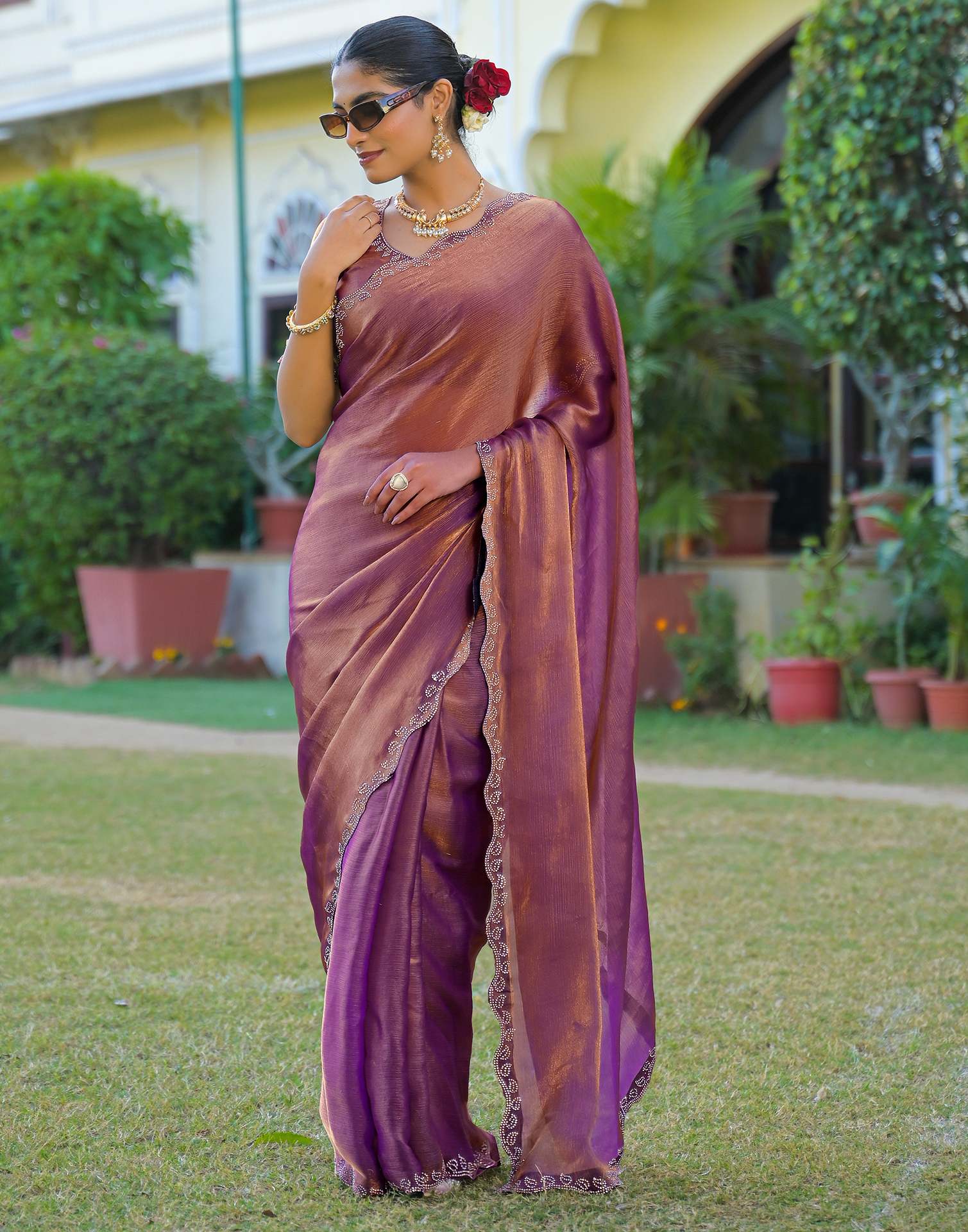 Purple Shimmer Chiffon Stone Work Swarovski saree - Image 5