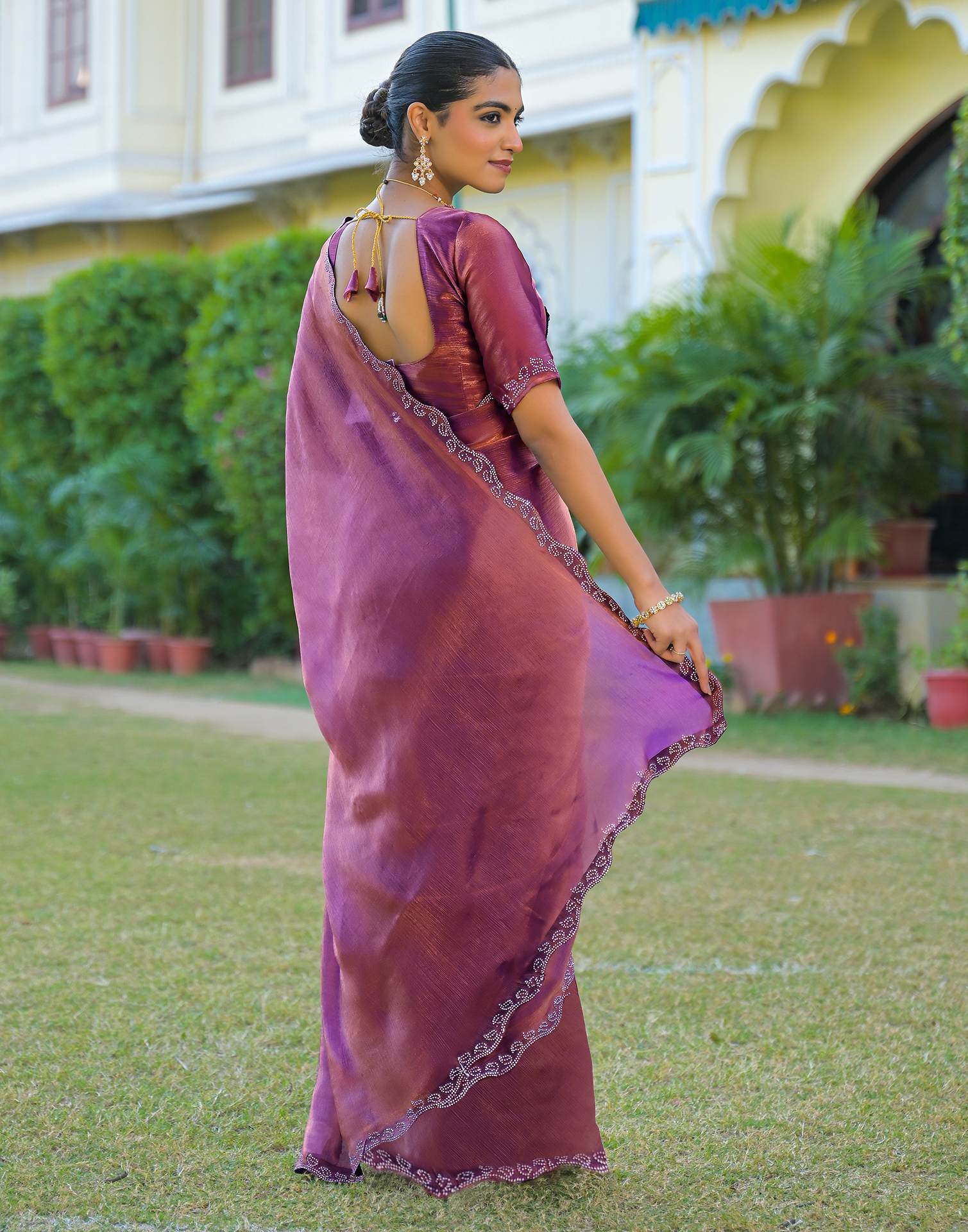 Purple Shimmer Chiffon Stone Work Swarovski saree - Image 6