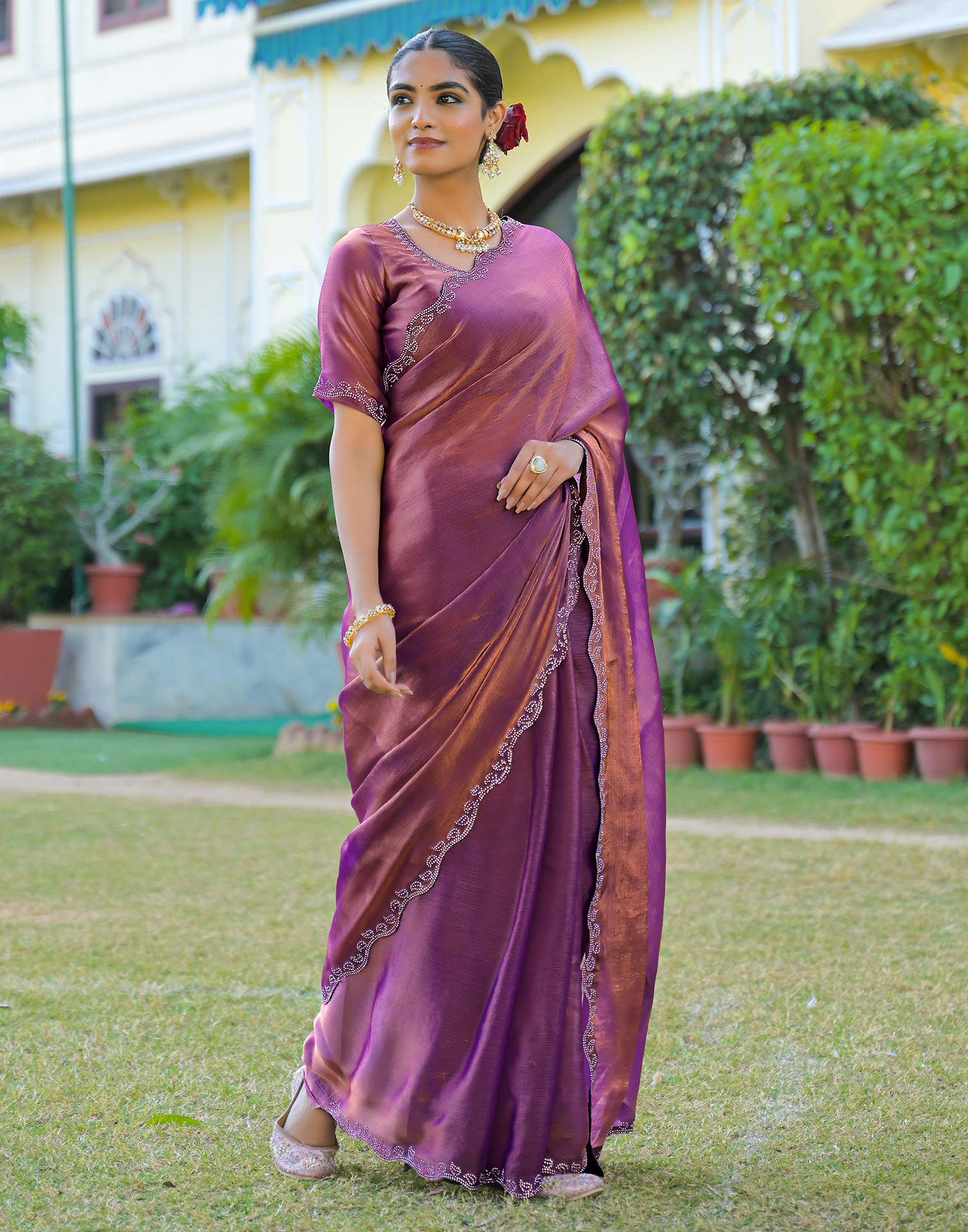 Purple Shimmer Chiffon Stone Work Swarovski saree - Image 7
