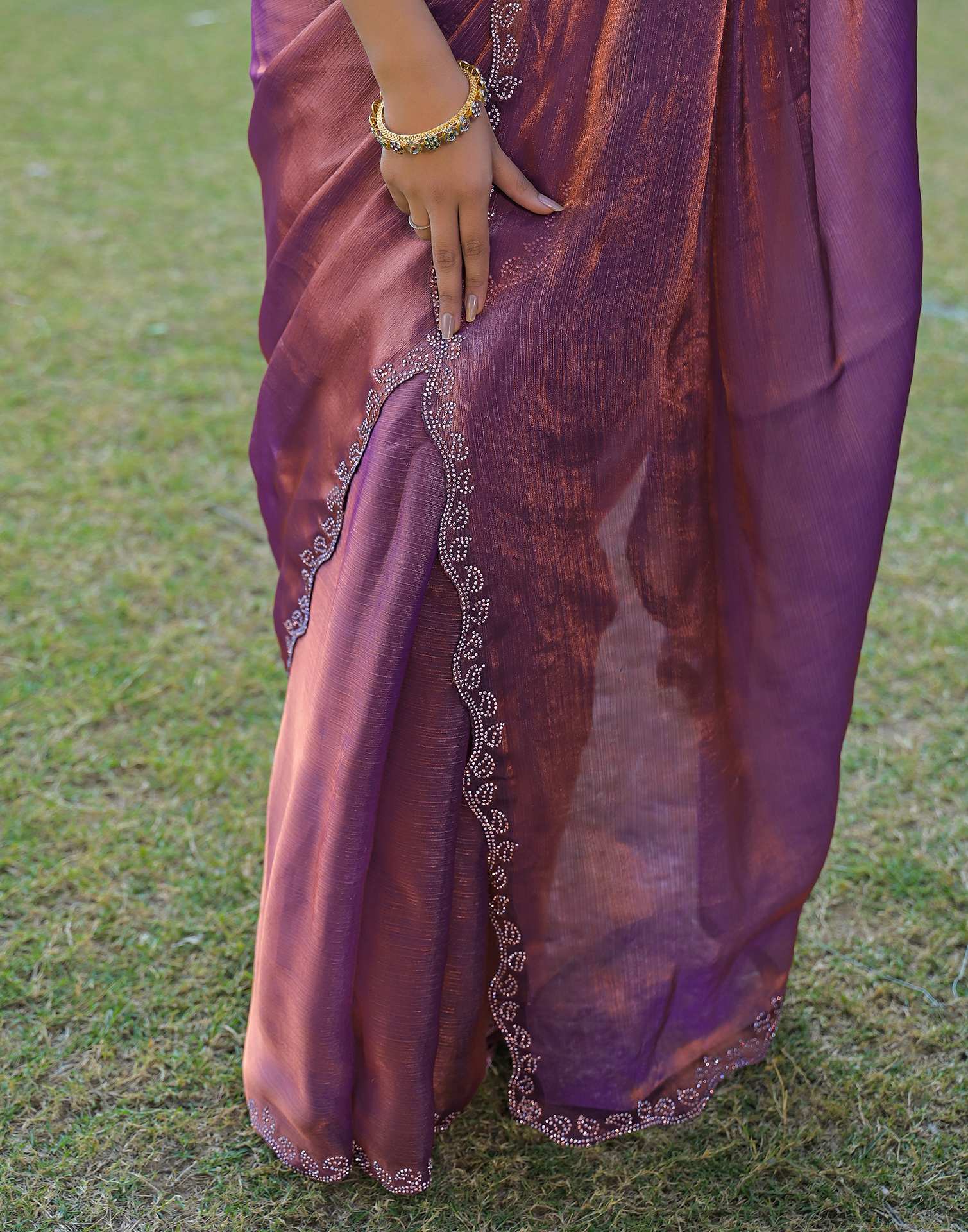 Purple Shimmer Chiffon Stone Work Swarovski saree - Image 9