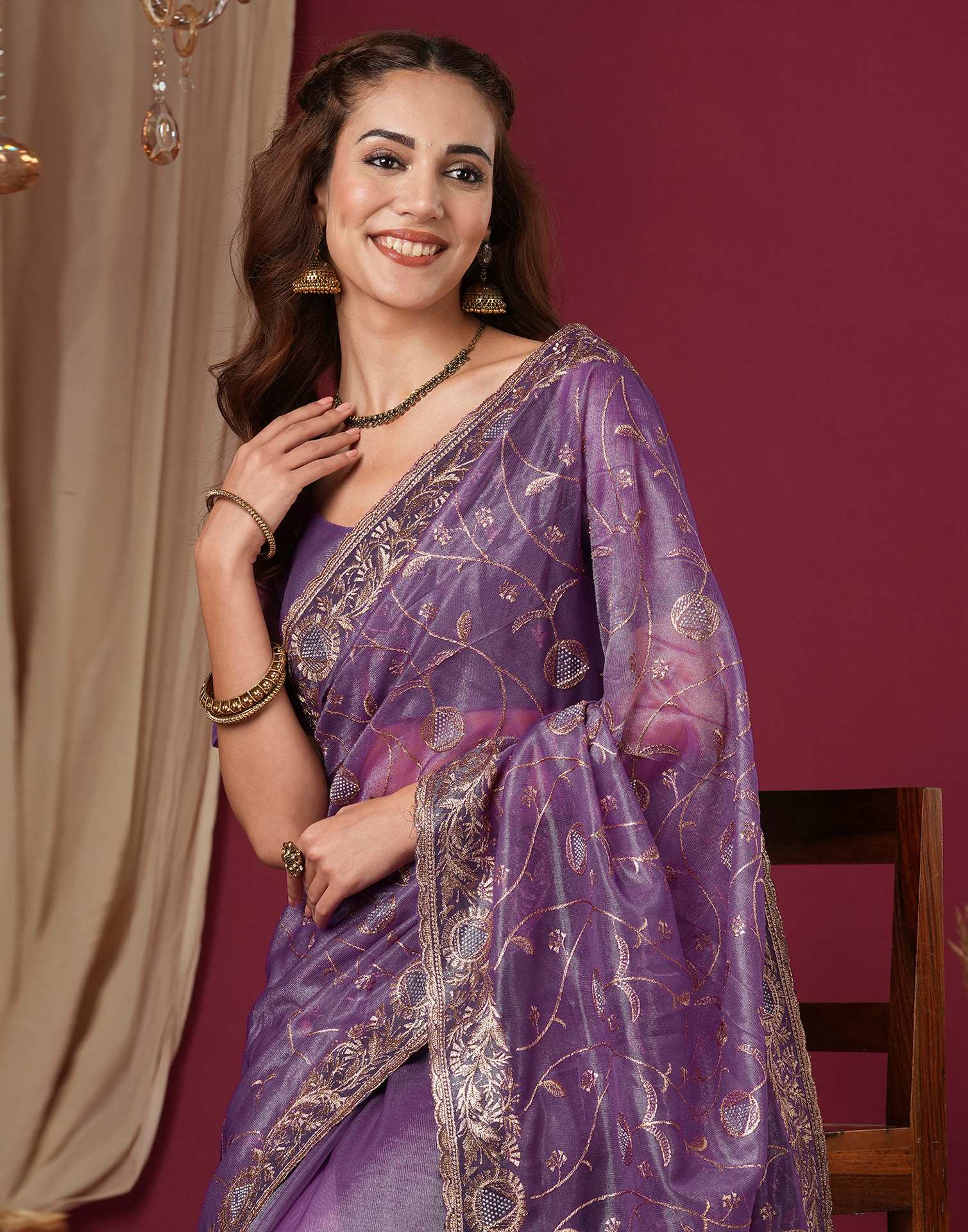 Purple Shimmer Embroidery Saree - Image 2