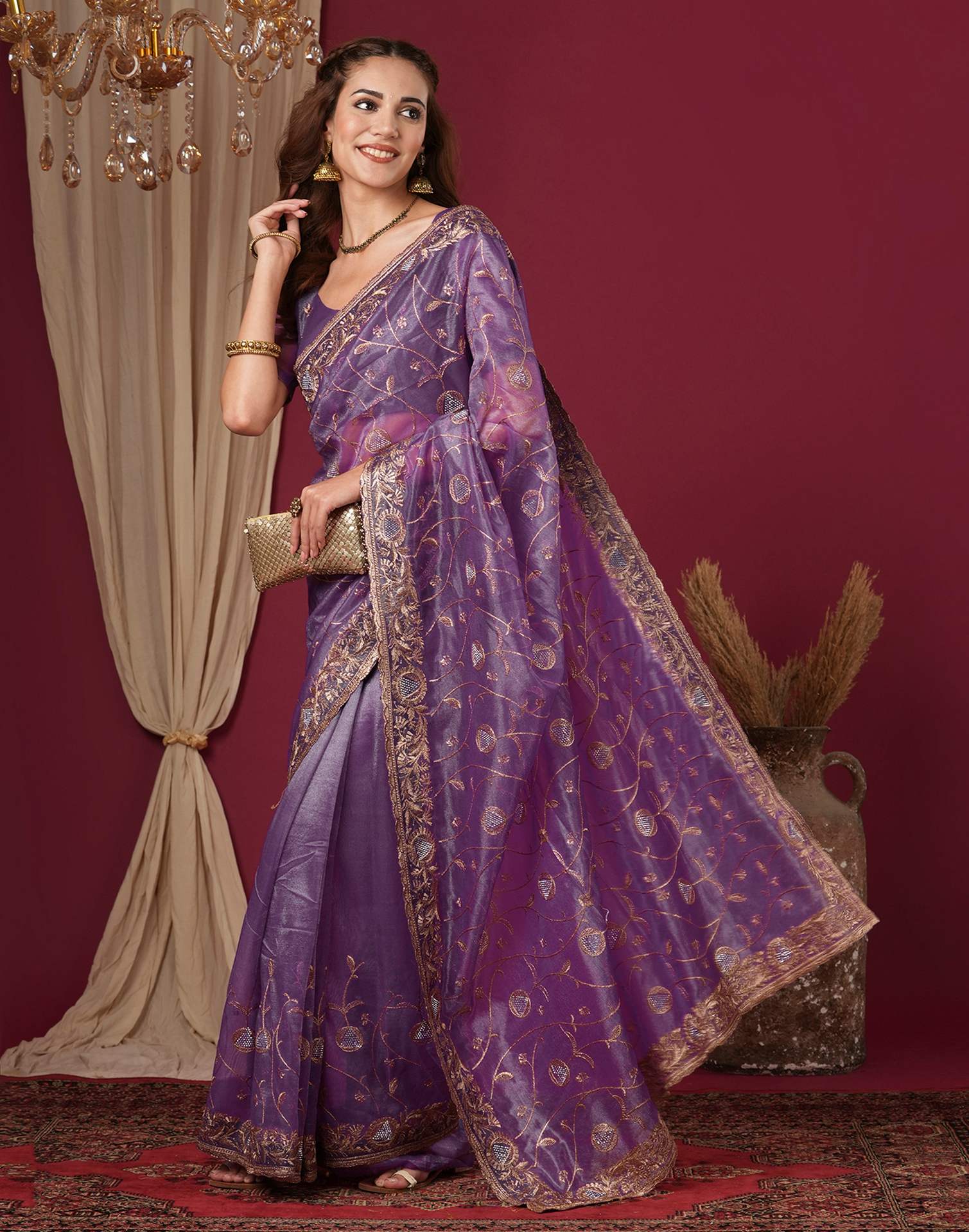 Purple Shimmer Embroidery Saree - Image 4