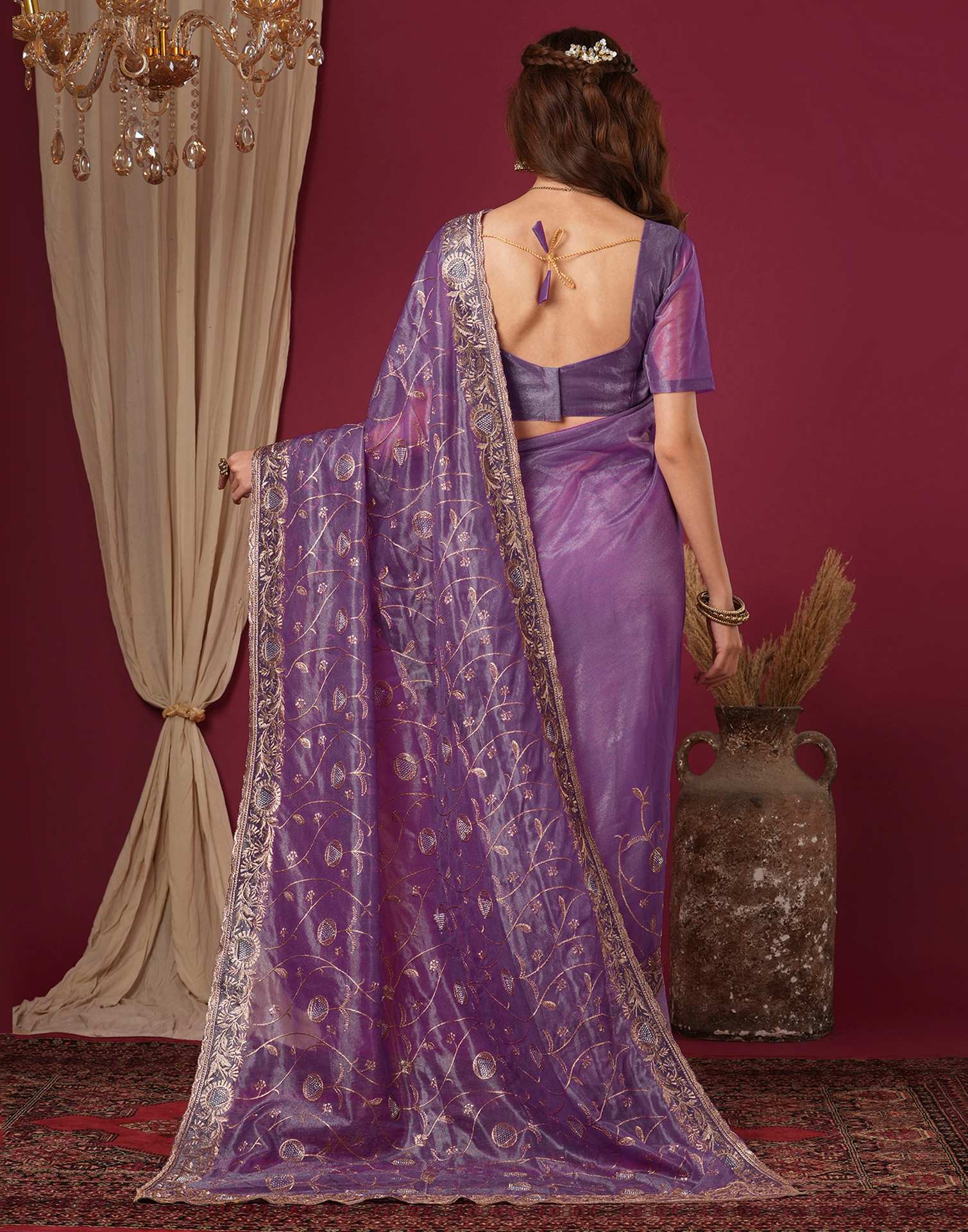 Purple Shimmer Embroidery Saree - Image 6