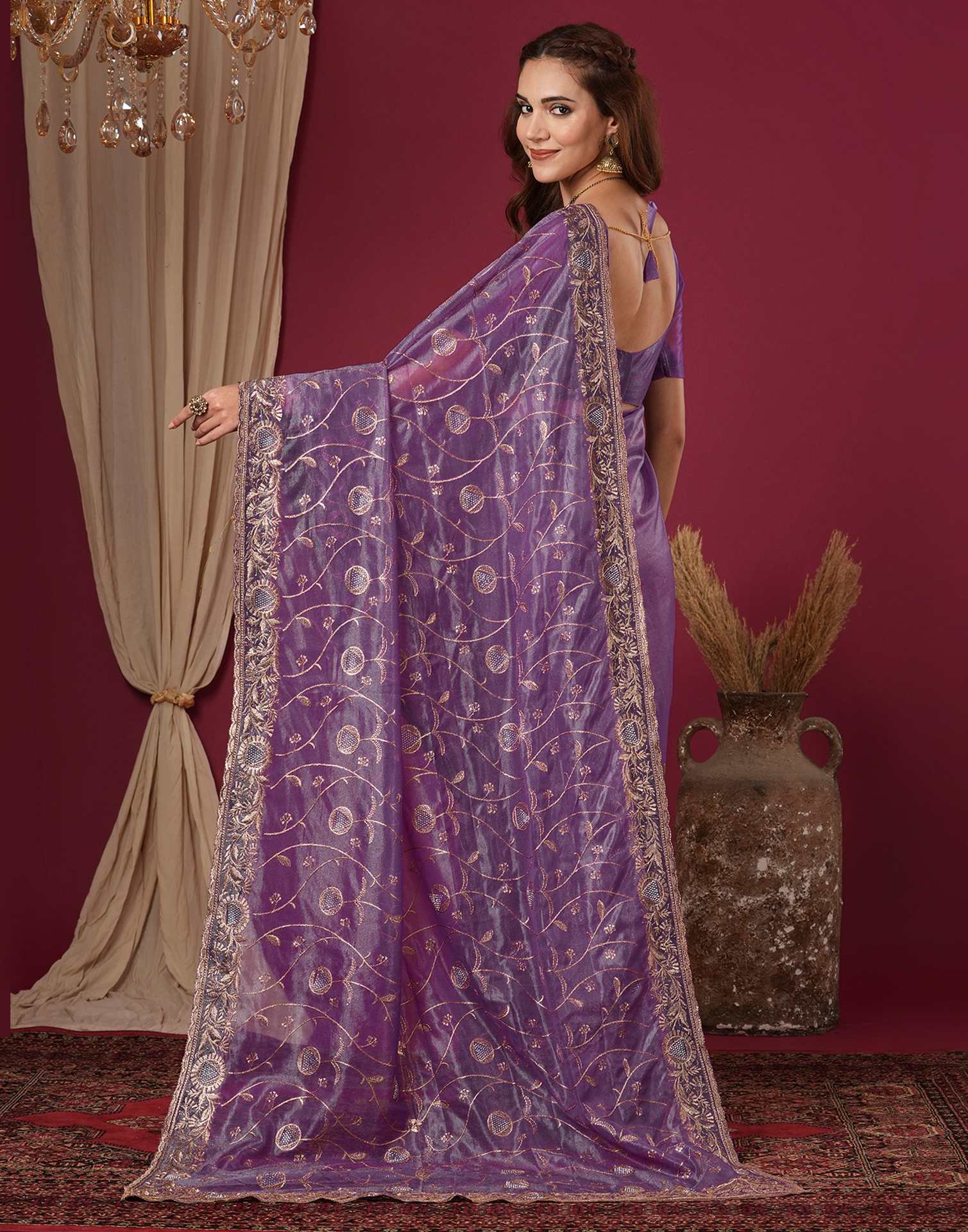 Purple Shimmer Embroidery Saree - Image 7