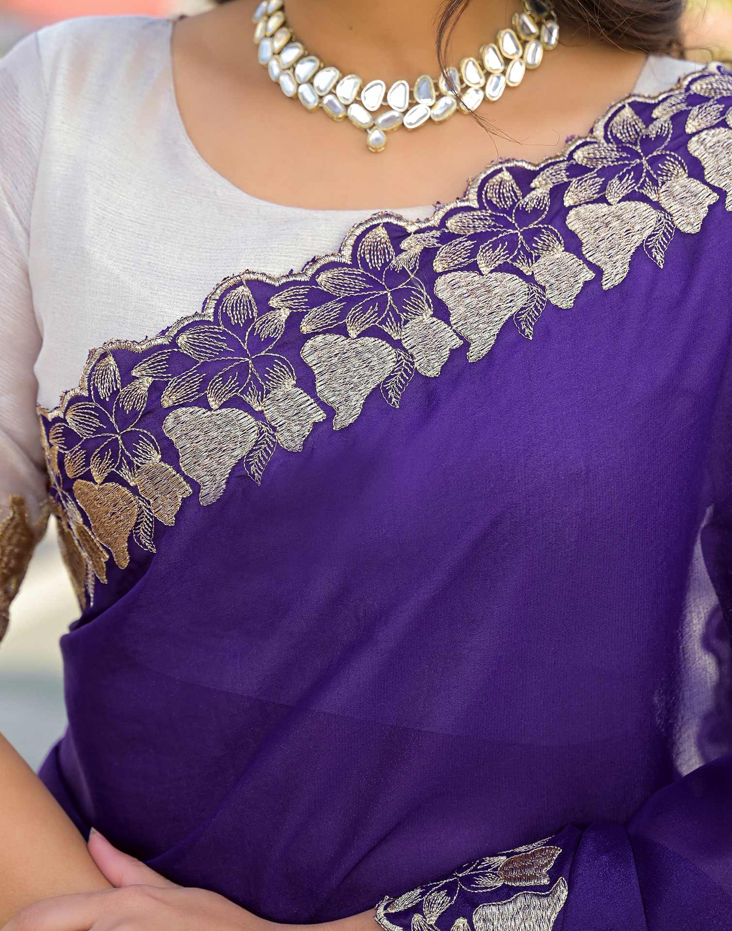 Purple Shimmer Georgette Embroidery Saree - Image 10