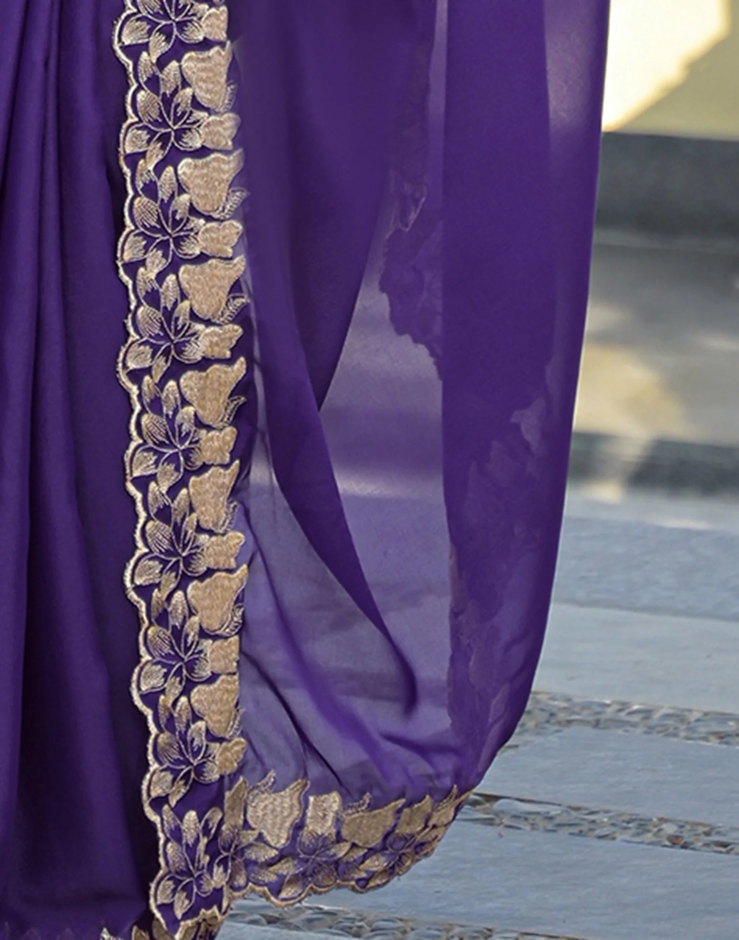 Purple Shimmer Georgette Embroidery Saree - Image 11