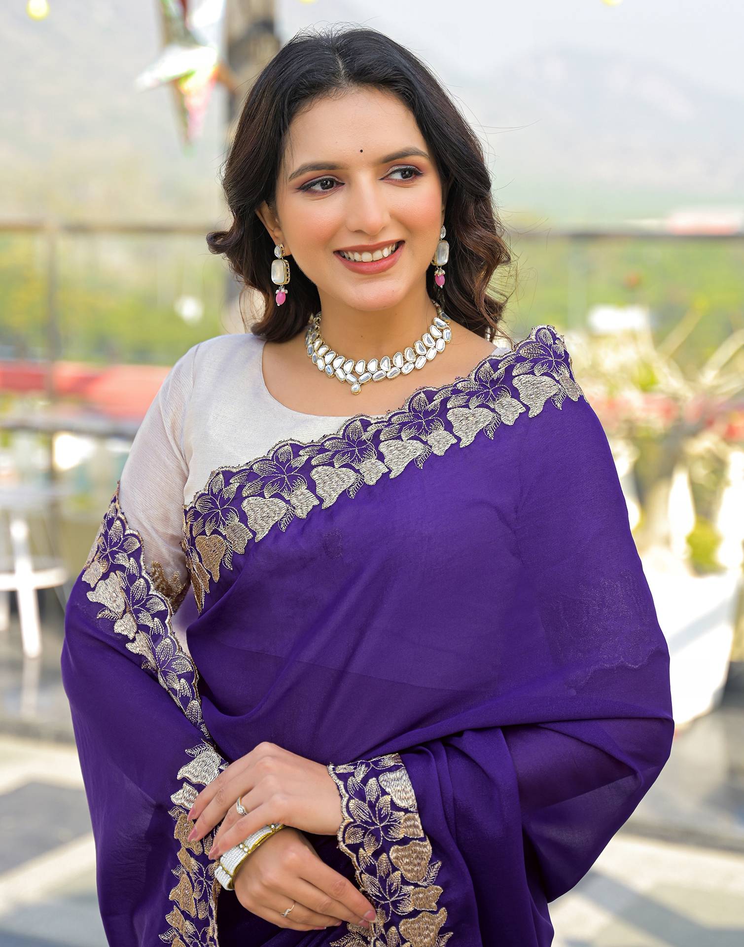 Purple Shimmer Georgette Embroidery Saree - Image 2
