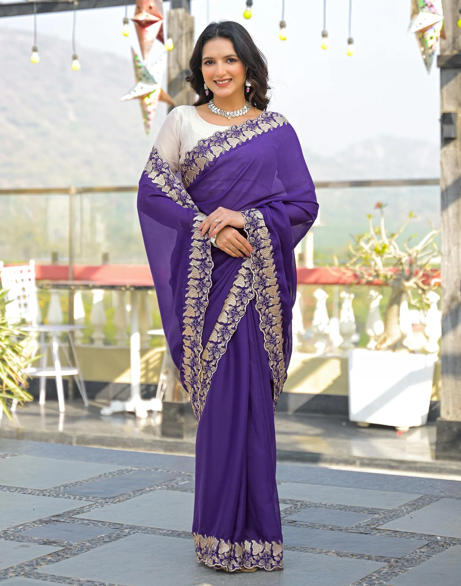 Purple Shimmer Georgette Embroidery Saree - Image 8