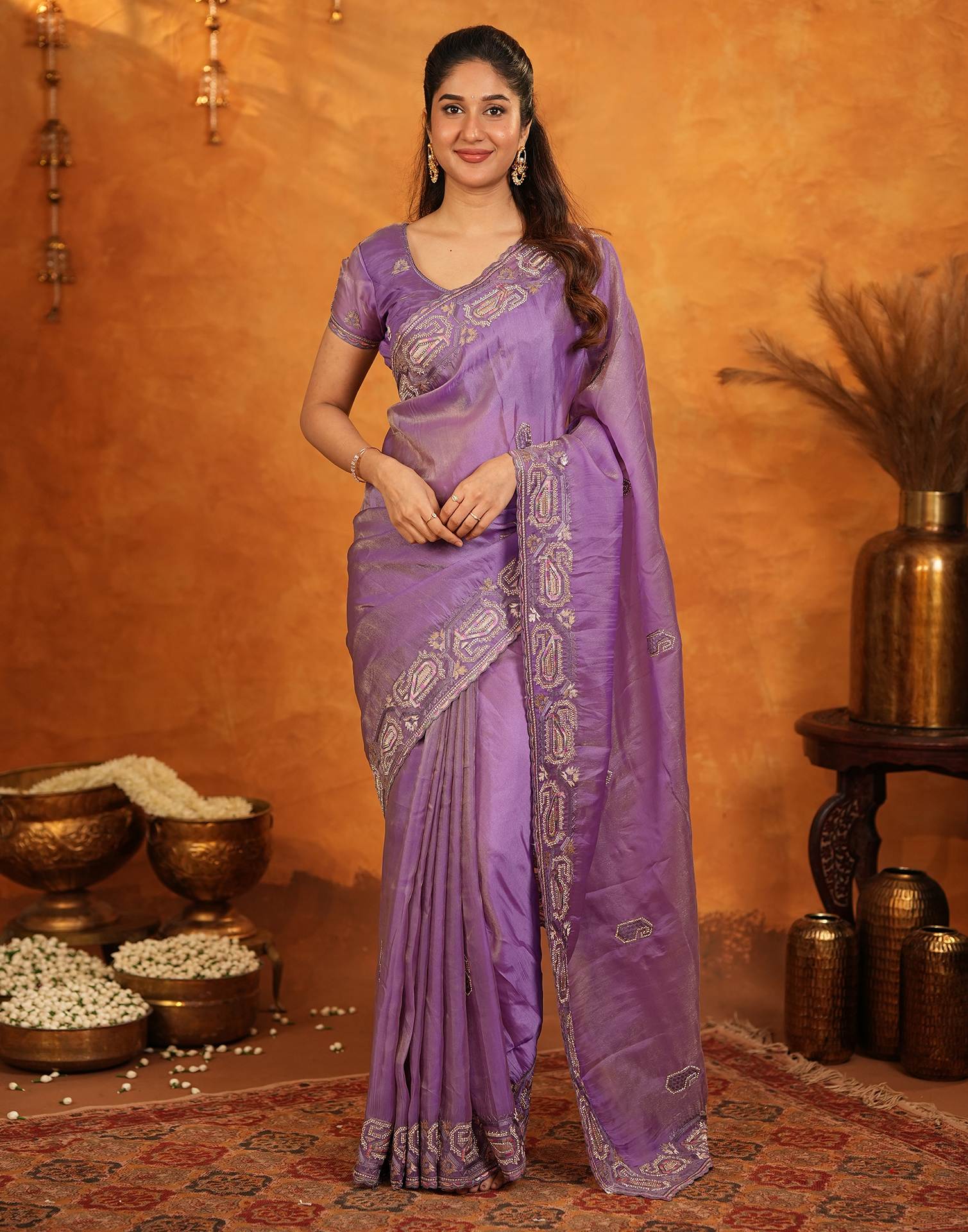 Purple Shimmer Silk Stone Work Embroidery Saree