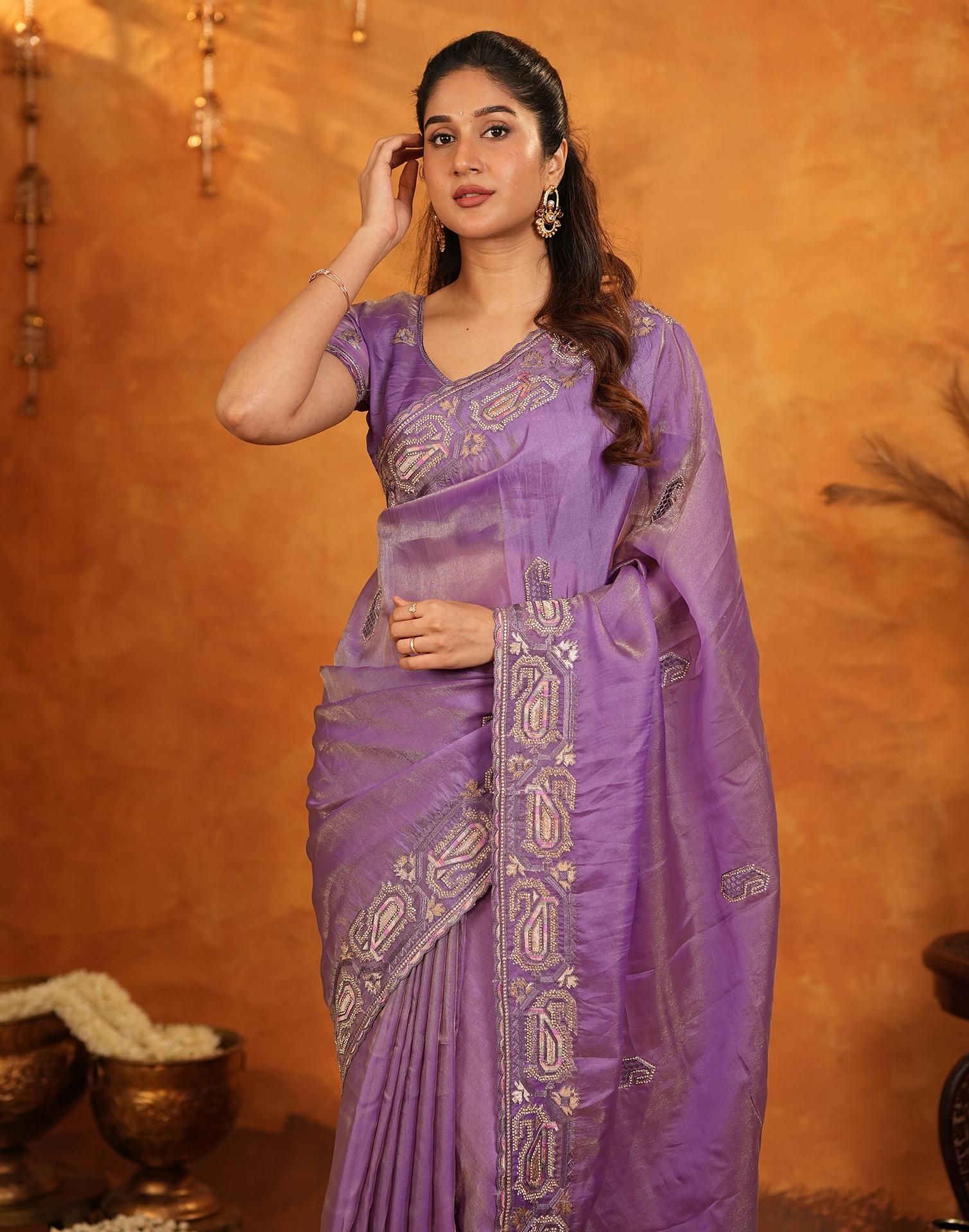 Purple Shimmer Silk Stone Work Embroidery Saree - Image 11