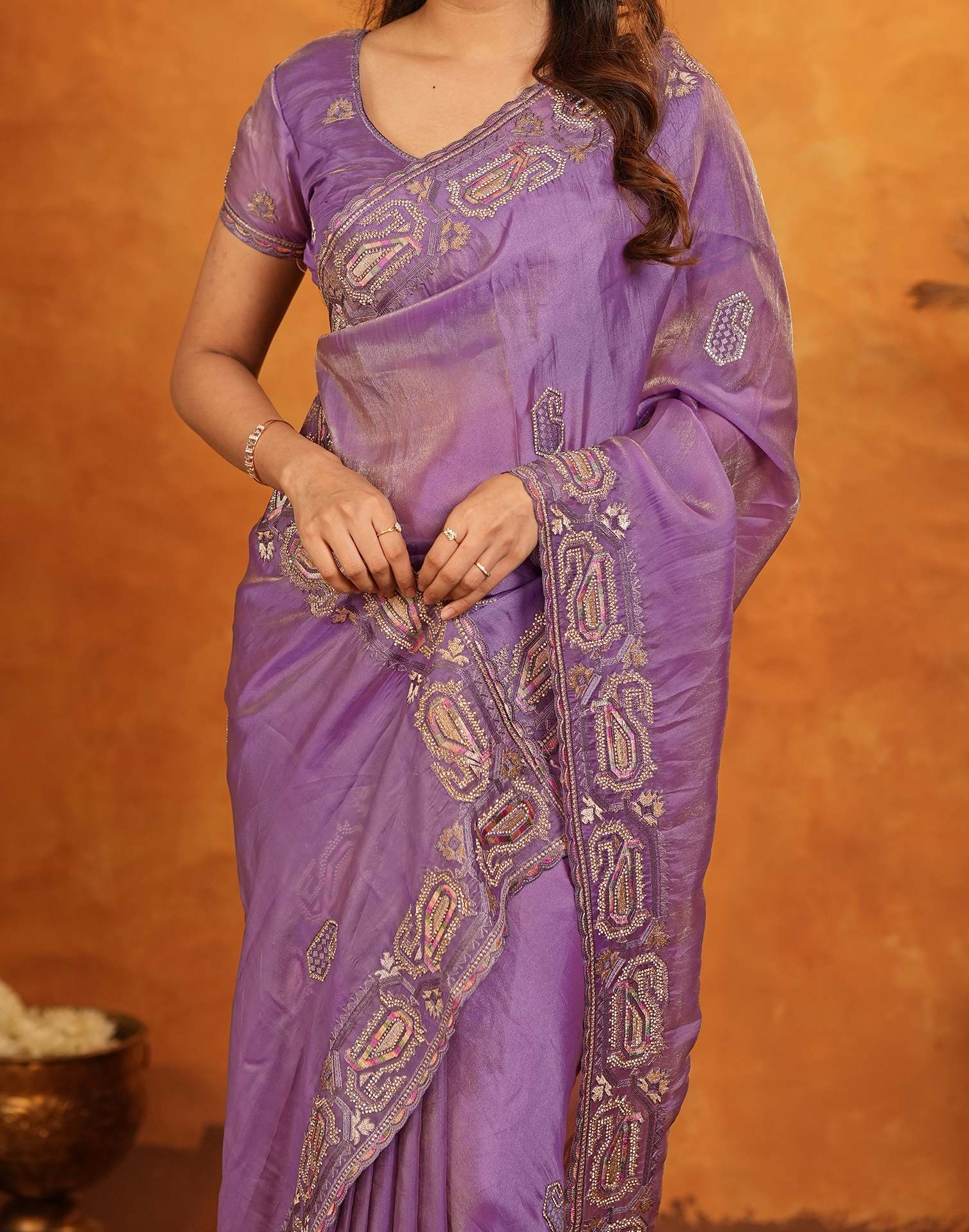 Purple Shimmer Silk Stone Work Embroidery Saree - Image 12