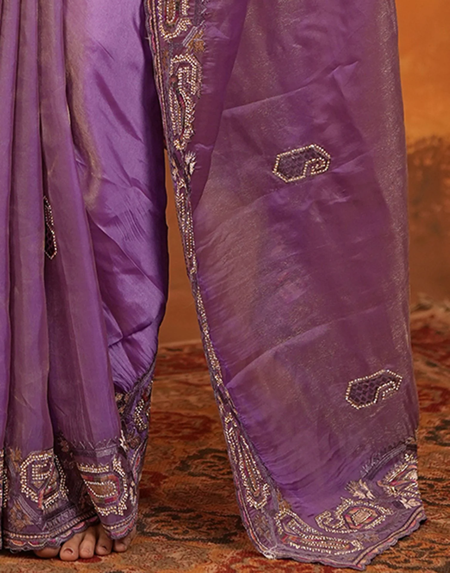 Purple Shimmer Silk Stone Work Embroidery Saree - Image 13
