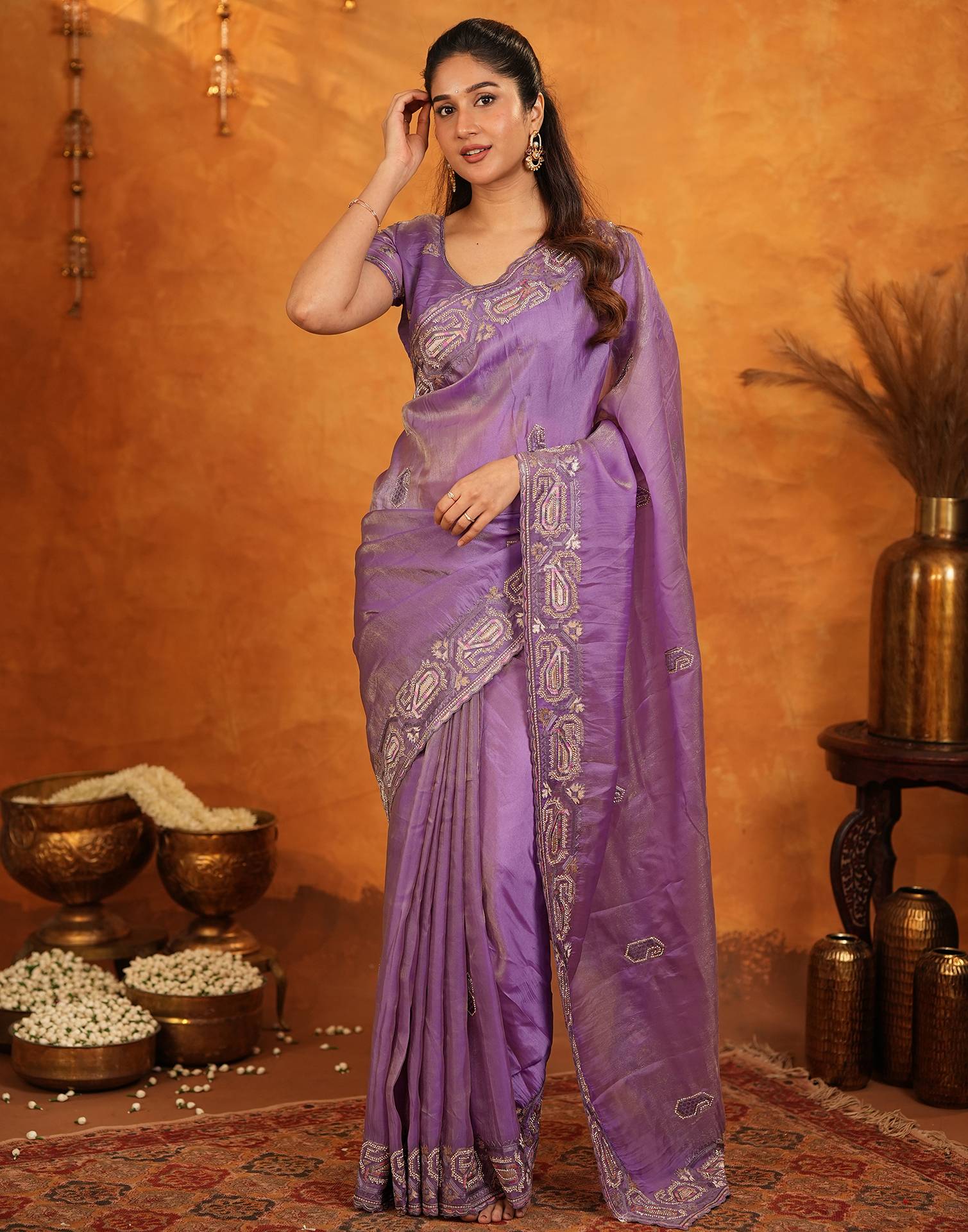 Purple Shimmer Silk Stone Work Embroidery Saree - Image 5