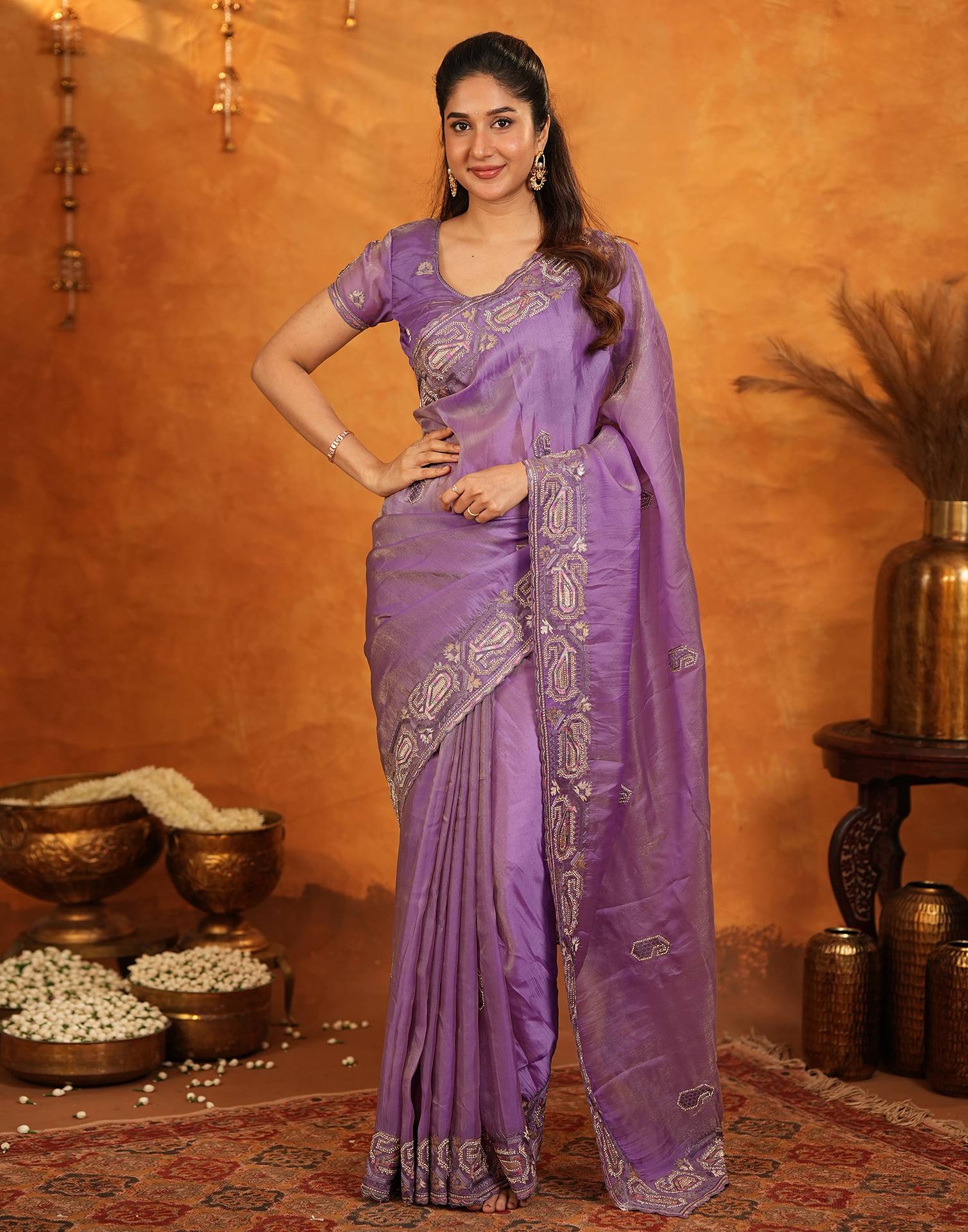 Purple Shimmer Silk Stone Work Embroidery Saree - Image 6