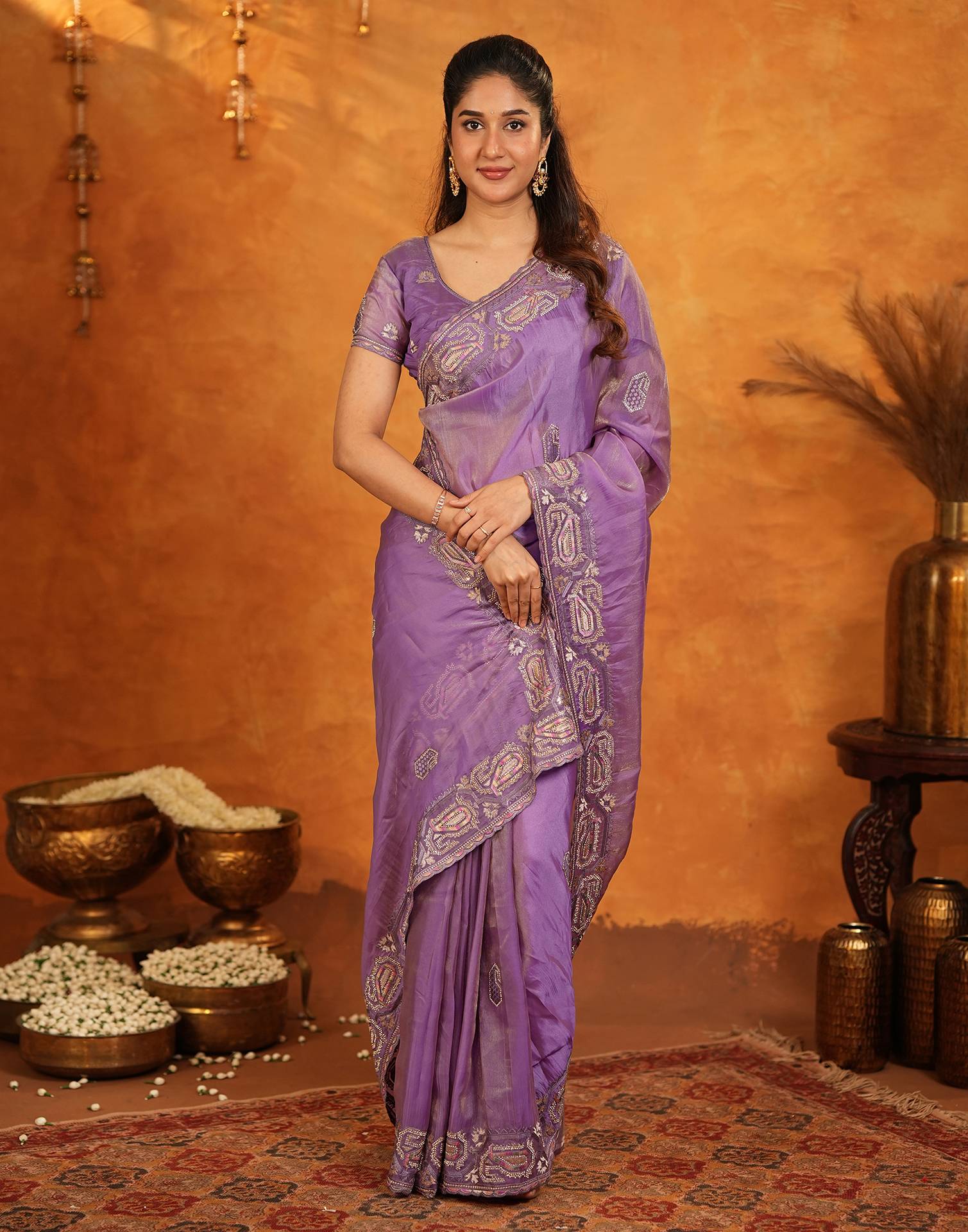 Purple Shimmer Silk Stone Work Embroidery Saree - Image 8