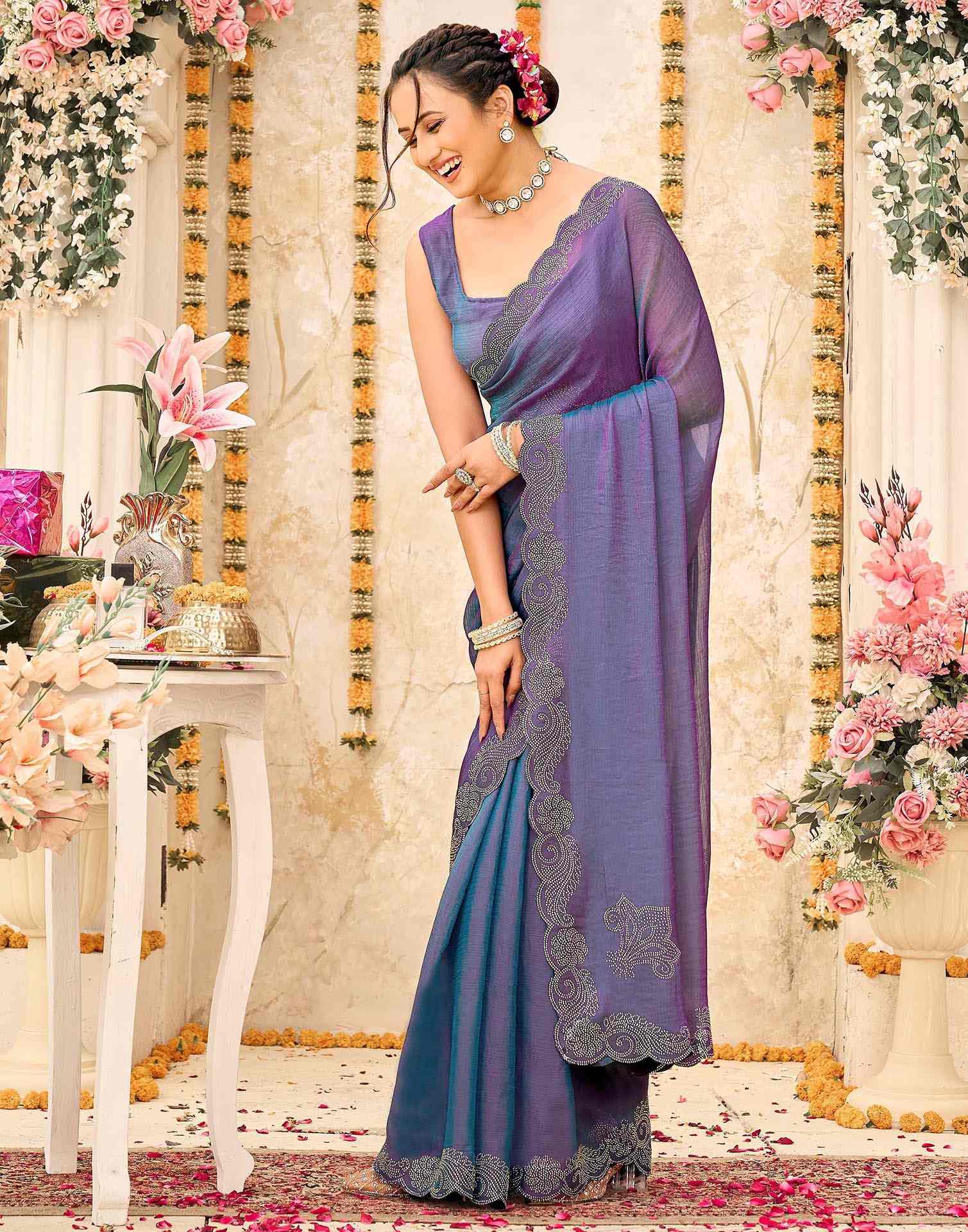 Purple Shimmer Stone Work Embellished Saree - Image 4