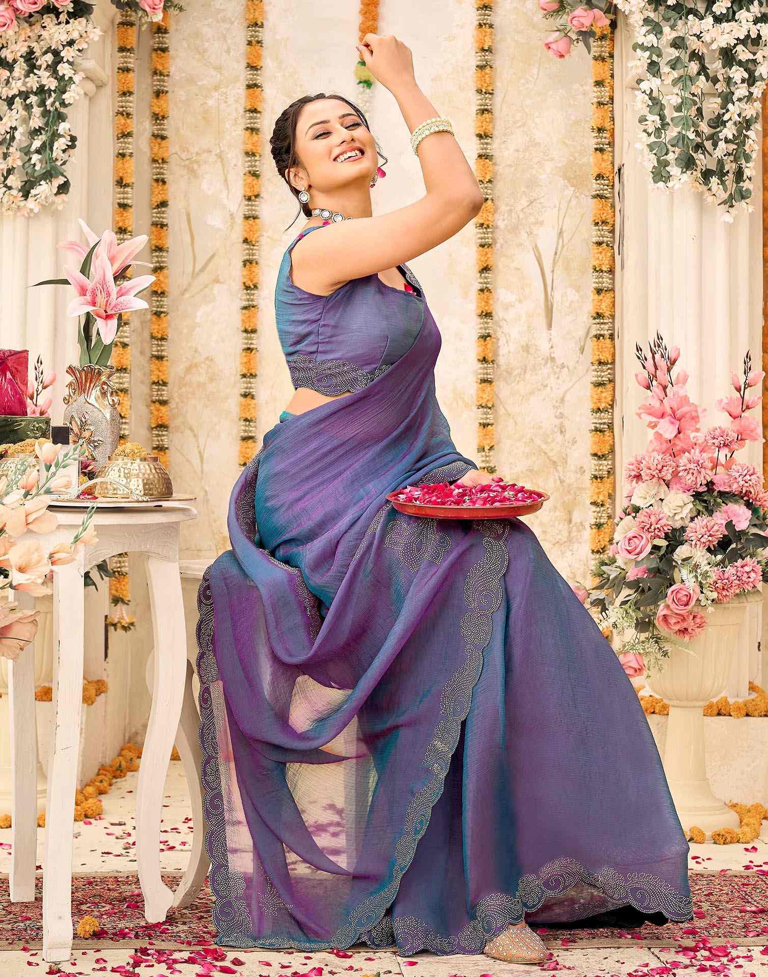 Purple Shimmer Stone Work Embellished Saree - Image 5