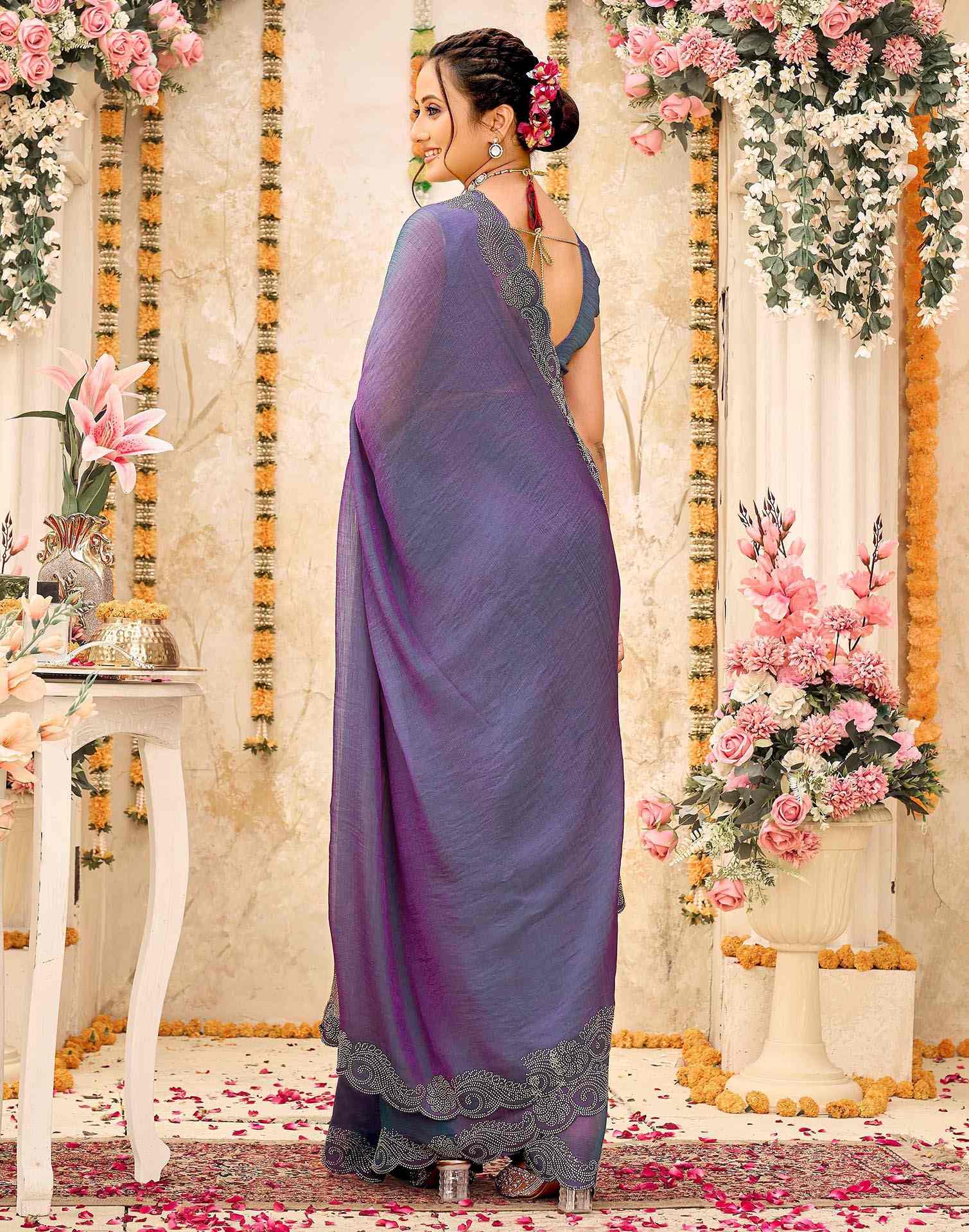 Purple Shimmer Stone Work Embellished Saree - Image 6