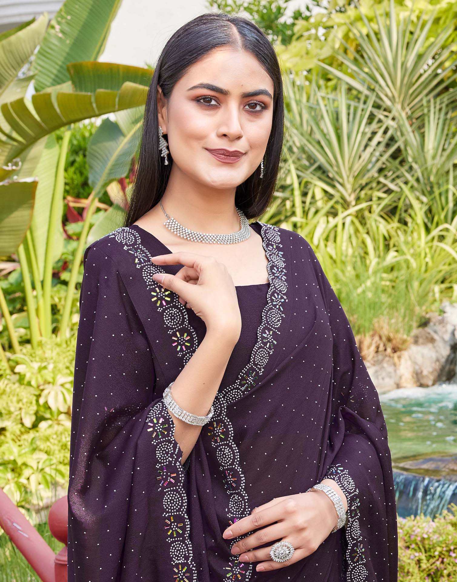 Purple Shimmer Stone Work Swarovski Saree - Image 2