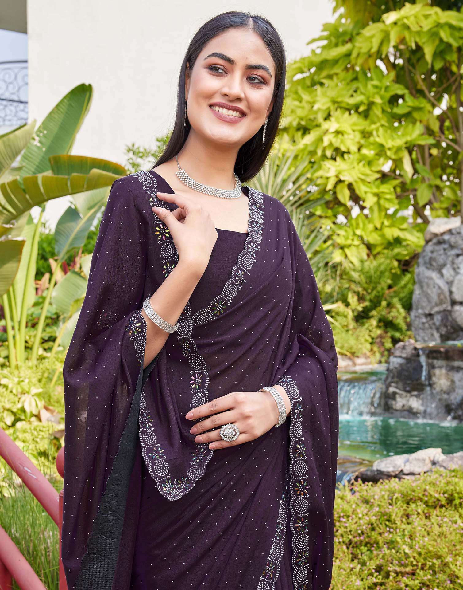 Purple Shimmer Stone Work Swarovski Saree - Image 4