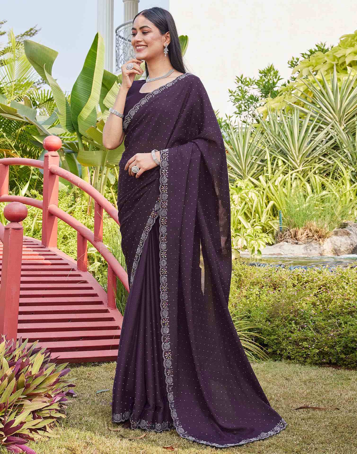 Purple Shimmer Stone Work Swarovski Saree - Image 5