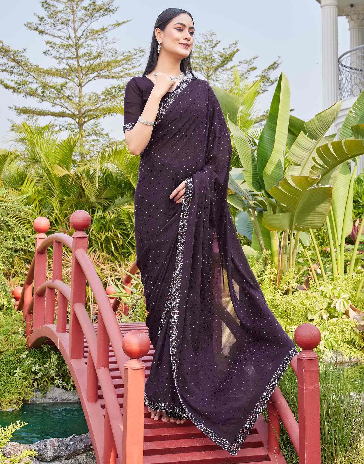 Purple Shimmer Stone Work Swarovski Saree - Image 6