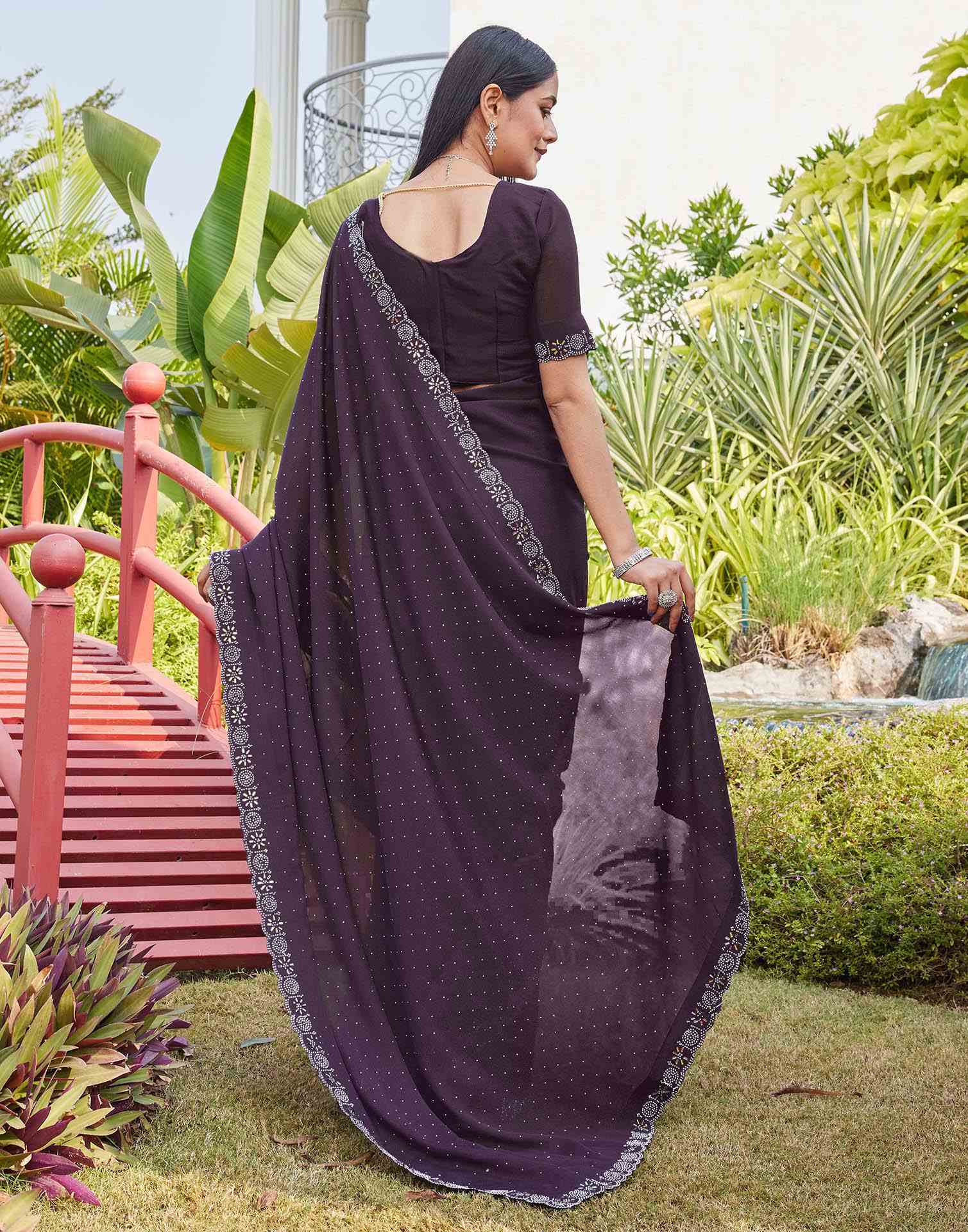 Purple Shimmer Stone Work Swarovski Saree - Image 7