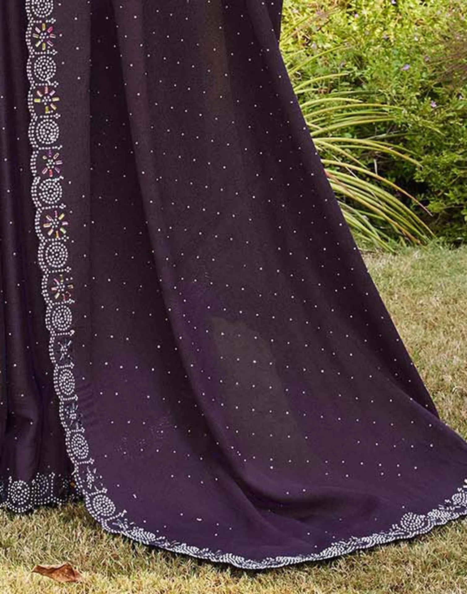 Purple Shimmer Stone Work Swarovski Saree - Image 9