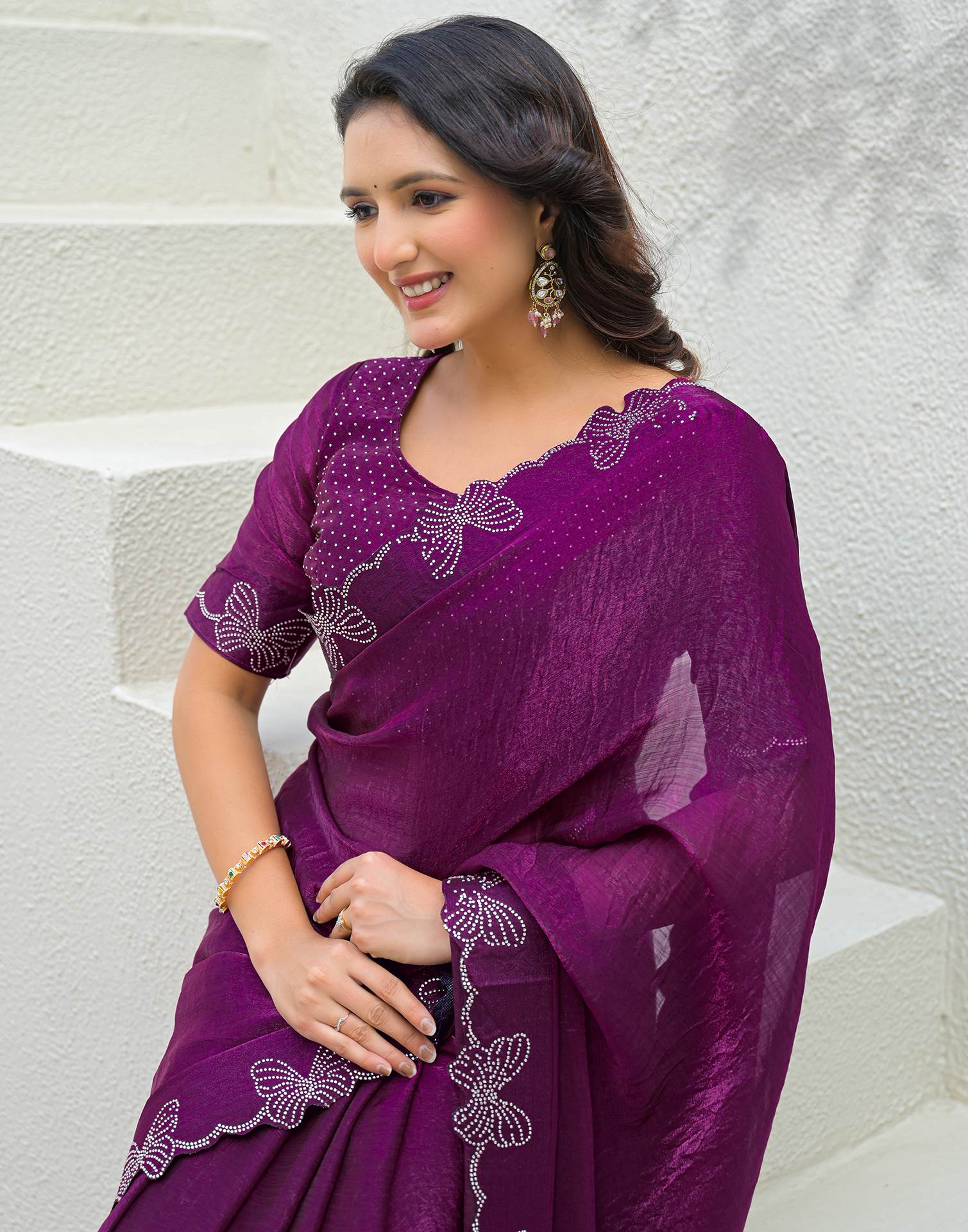 Purple Shimmer Stone Work Swarovski Saree - Image 2