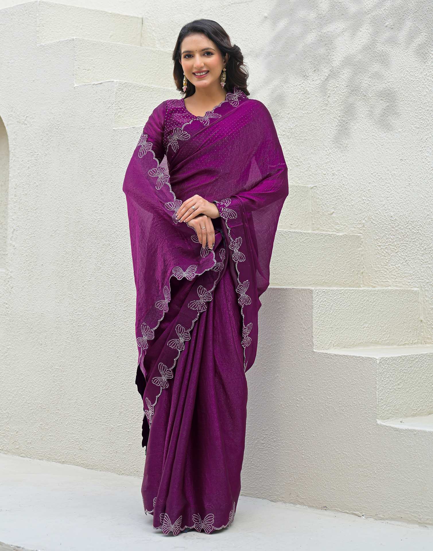 Purple Shimmer Stone Work Swarovski Saree - Image 5