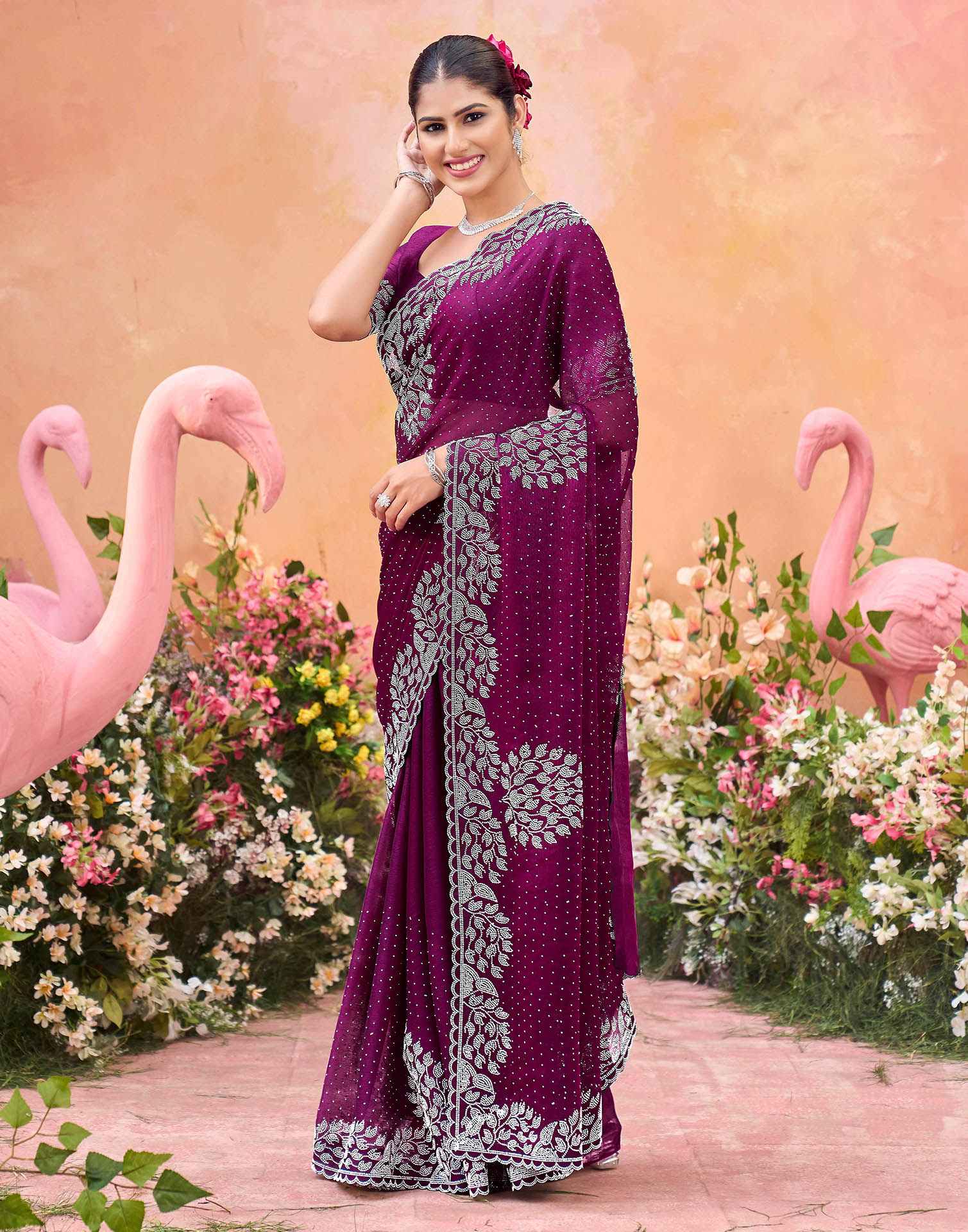 Purple Shimmer Stone Work Swarovski Saree - Image 4