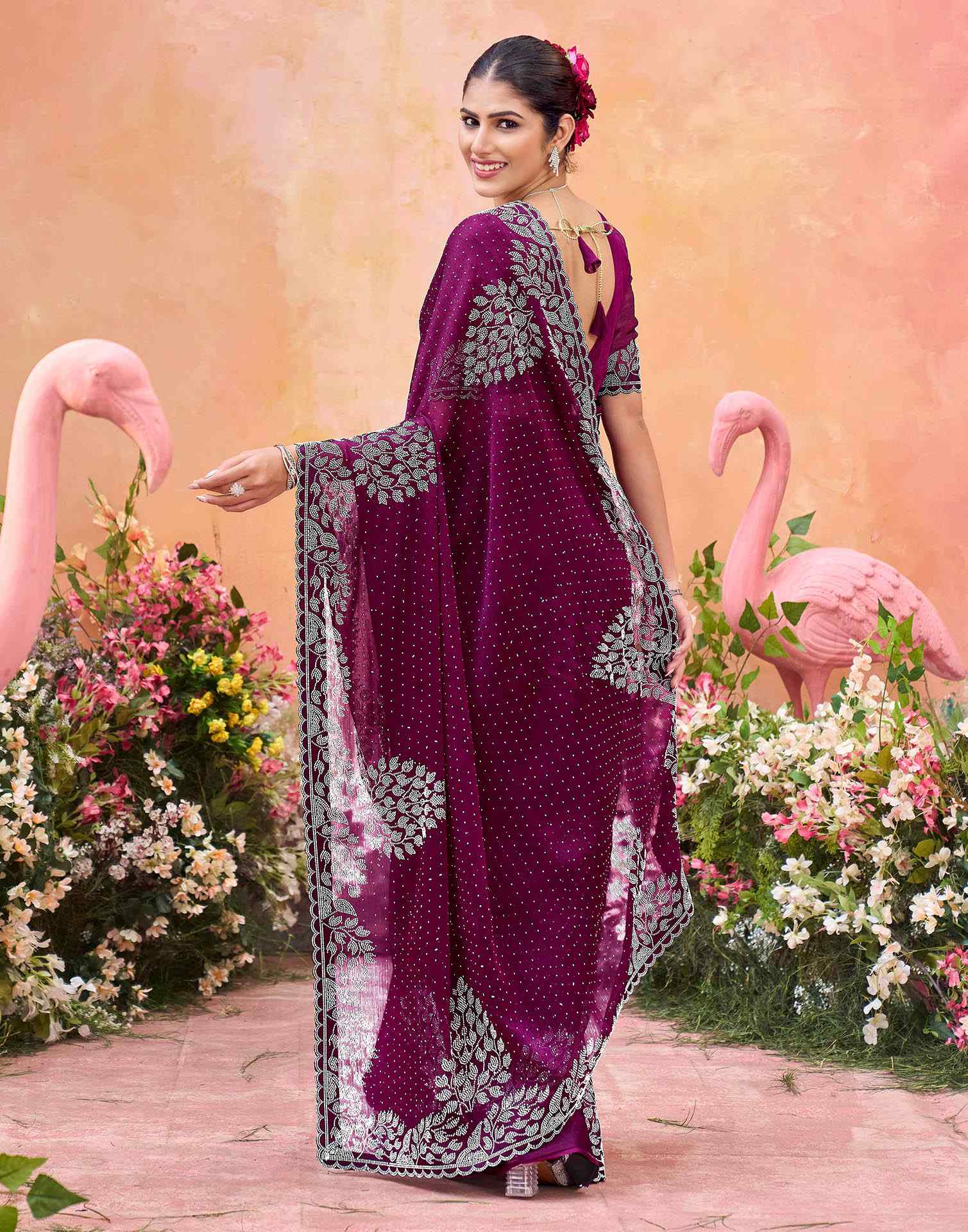 Purple Shimmer Stone Work Swarovski Saree - Image 6