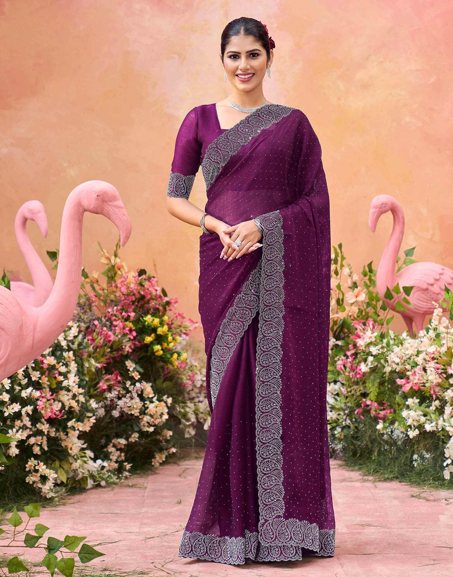 Purple Shimmer Stone Work Swarovski Saree - Image 2