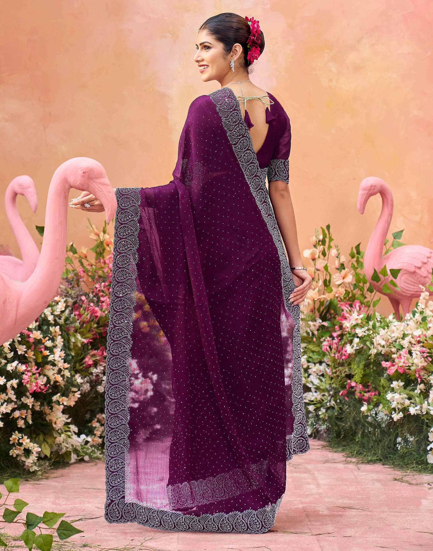 Purple Shimmer Stone Work Swarovski Saree - Image 6
