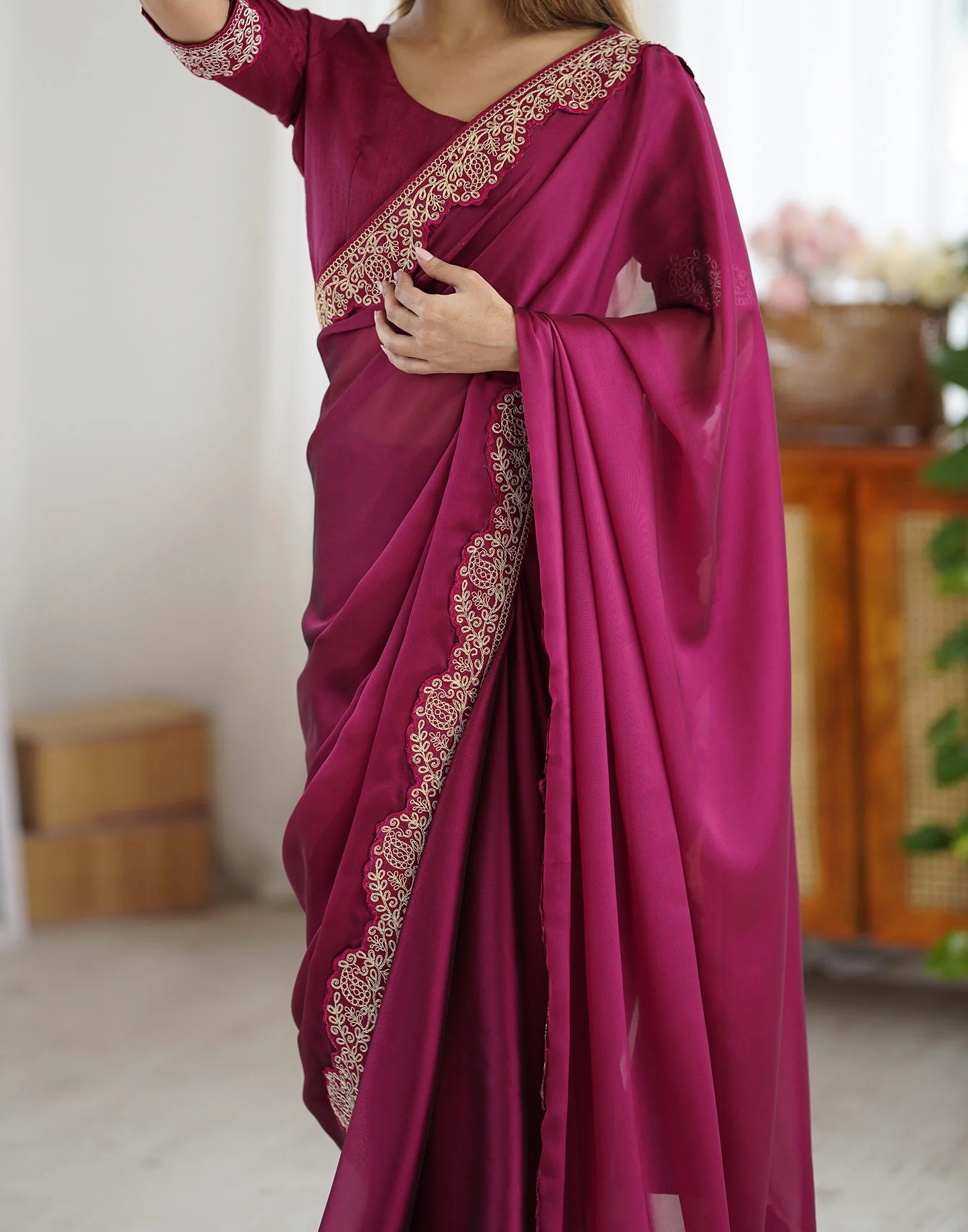 Purple Silk Embroidery Lace Saree - Image 10
