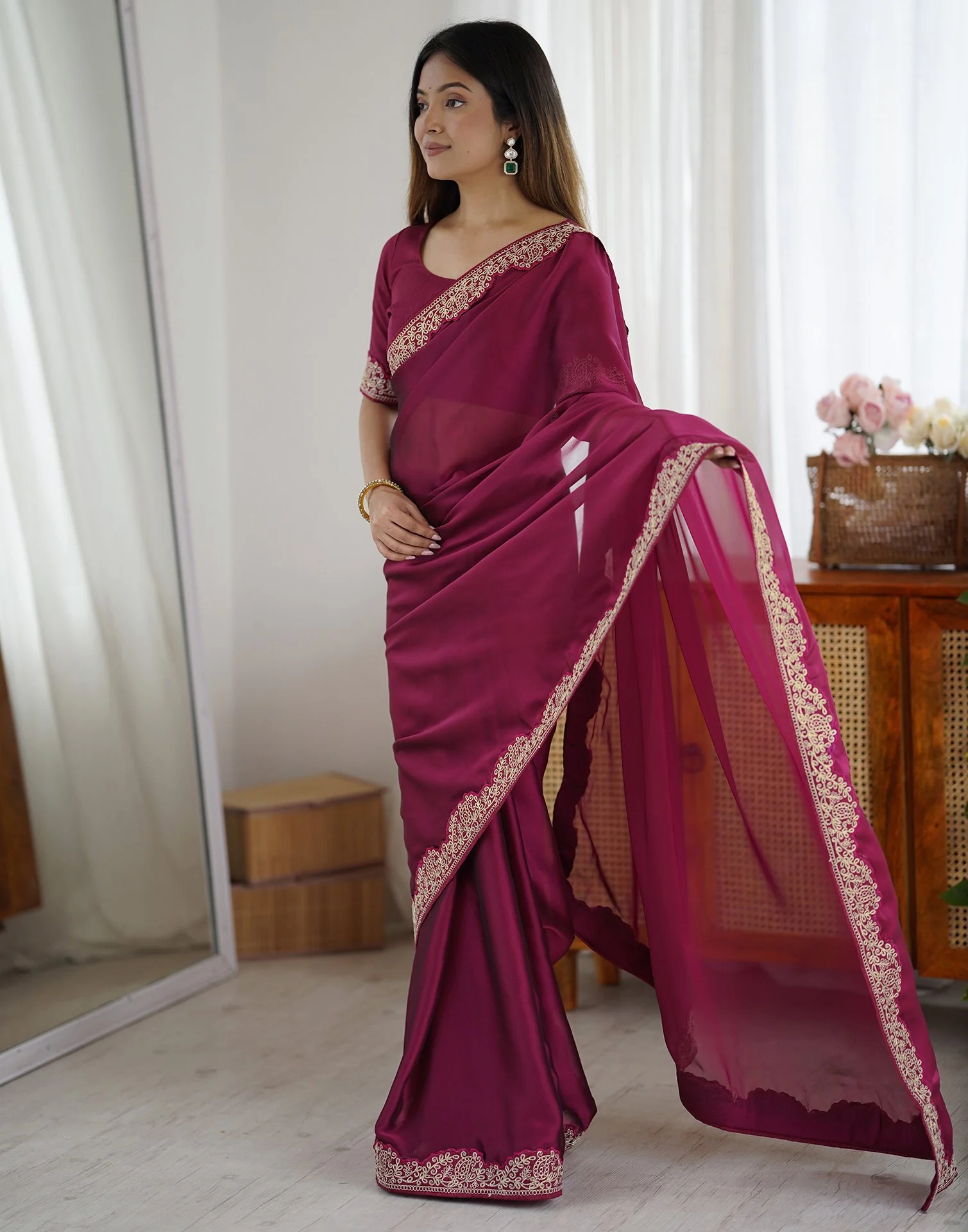 Purple Silk Embroidery Lace Saree - Image 4