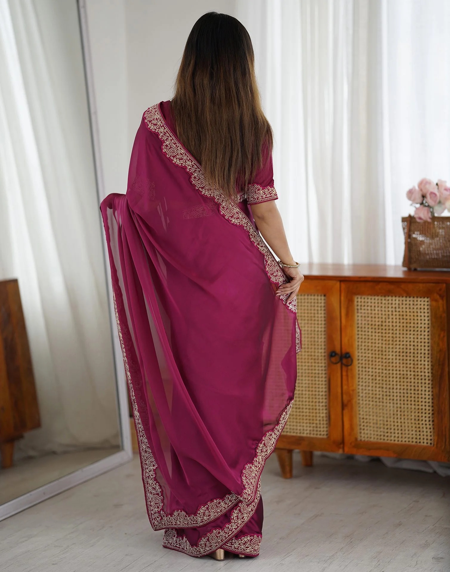 Purple Silk Embroidery Lace Saree - Image 6