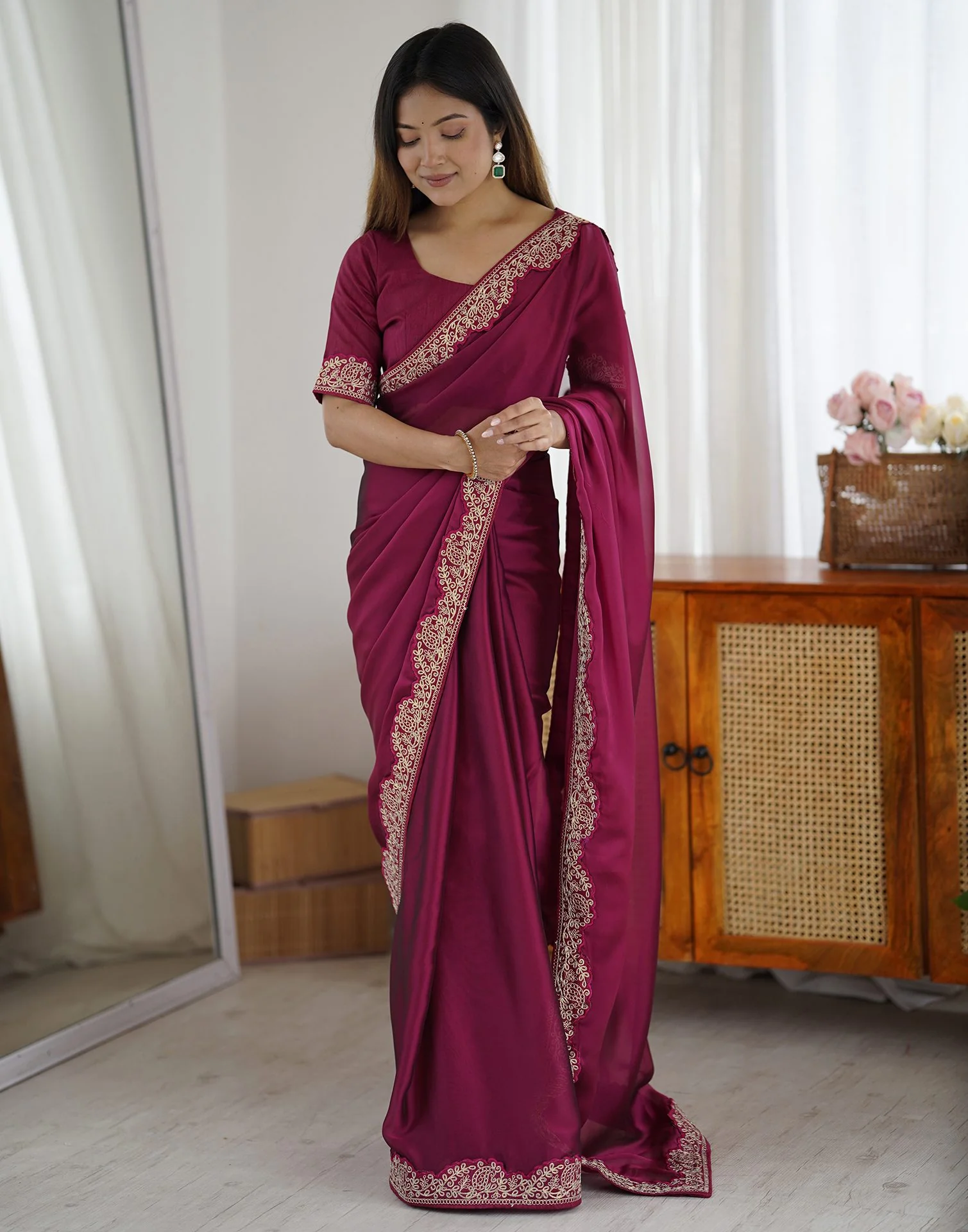 Purple Silk Embroidery Lace Saree - Image 7