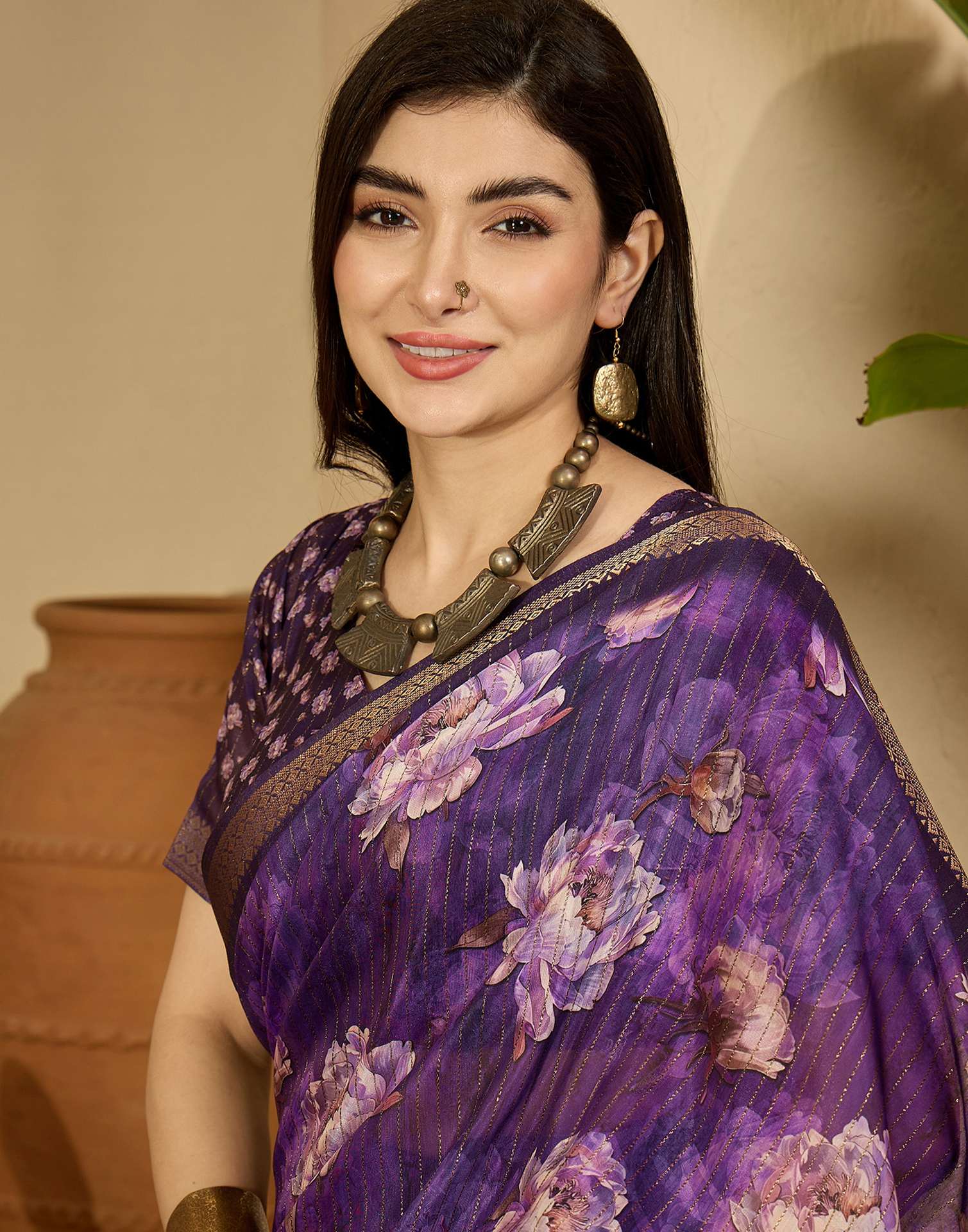 Purple Silk Floral Printed Saree - Image 2