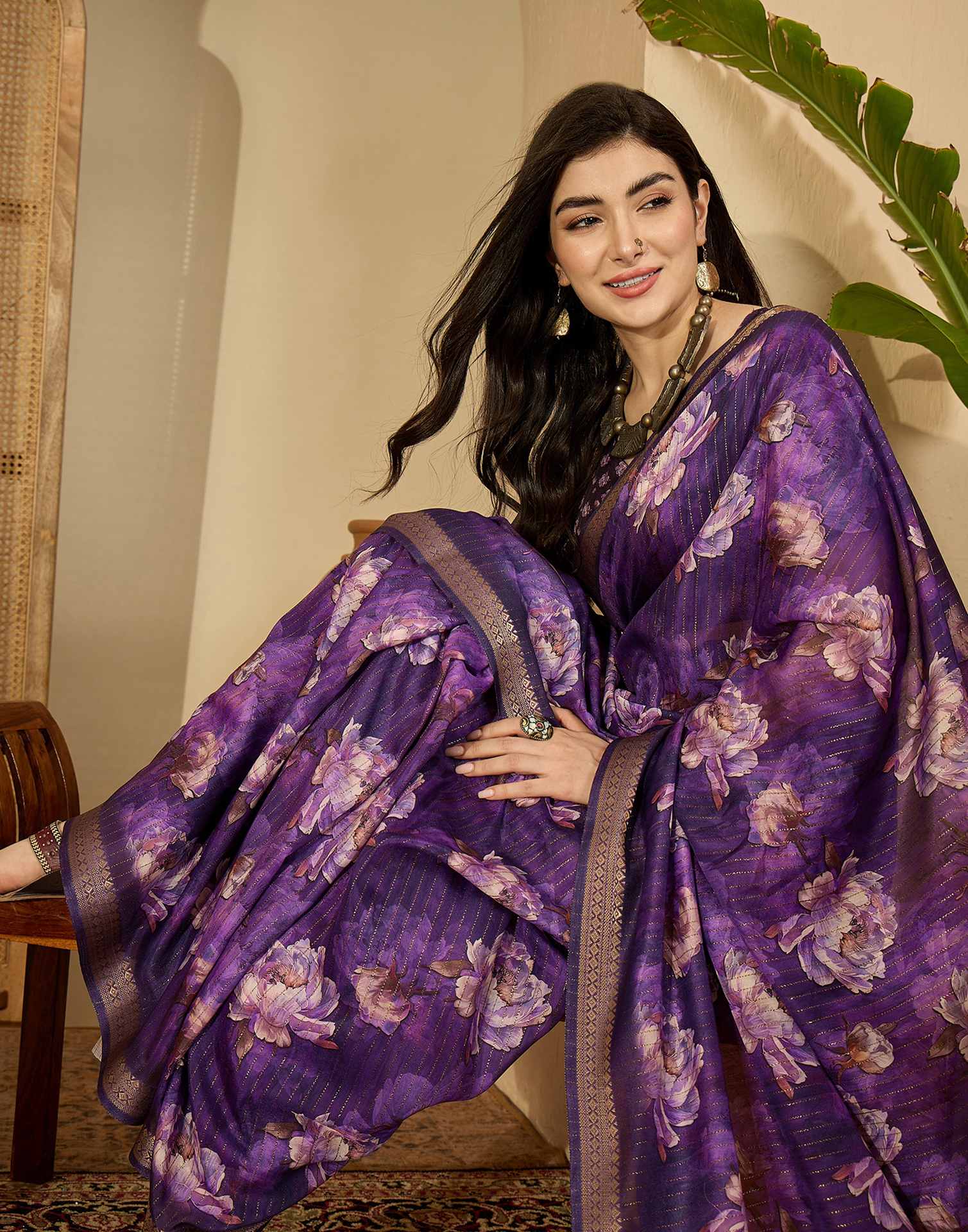 Purple Silk Floral Printed Saree - Image 4