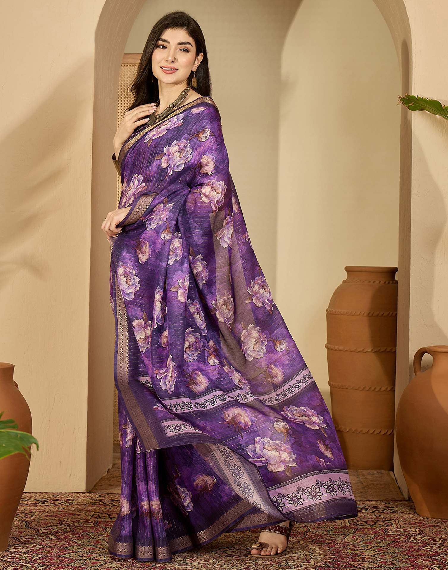 Purple Silk Floral Printed Saree - Image 5