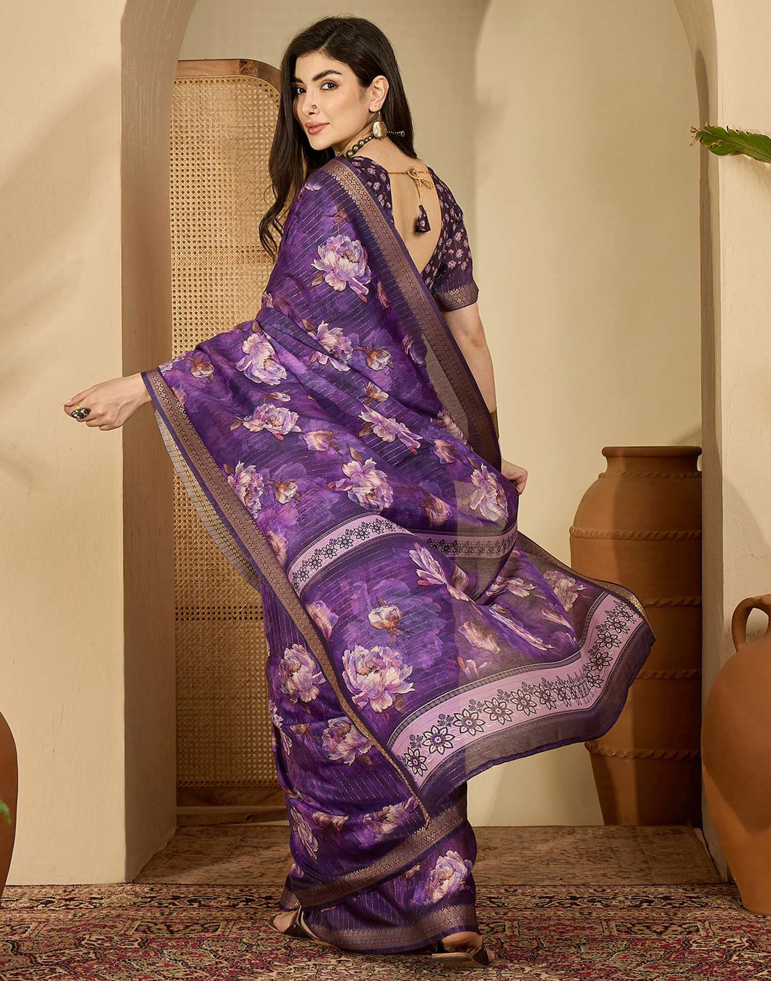 Purple Silk Floral Printed Saree - Image 7