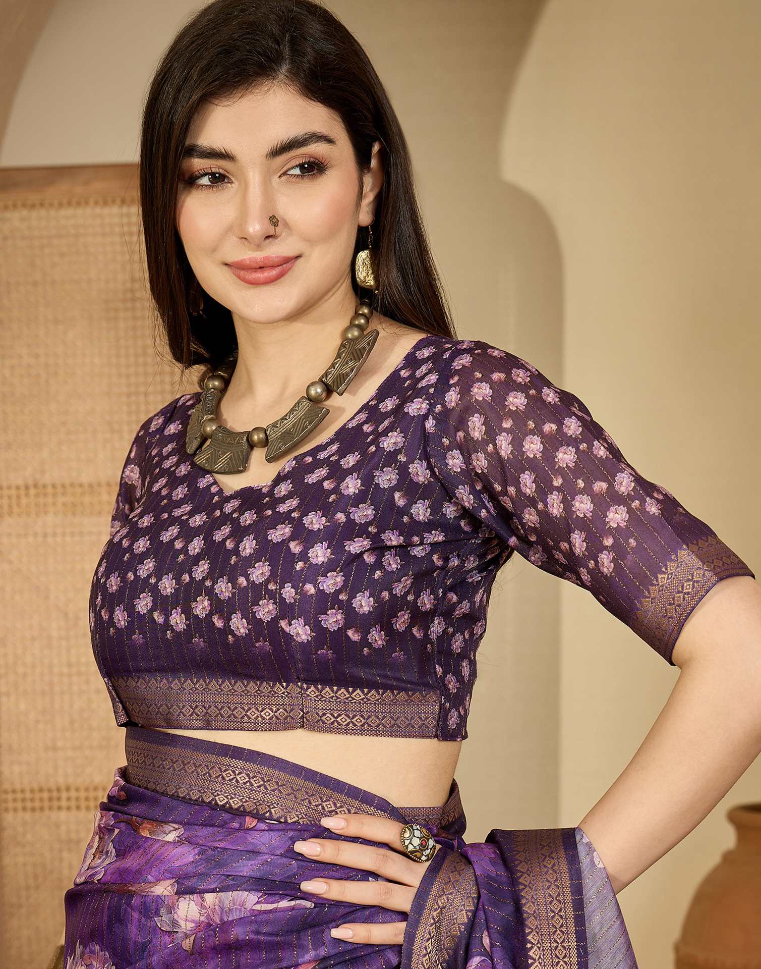 Purple Silk Floral Printed Saree - Image 9