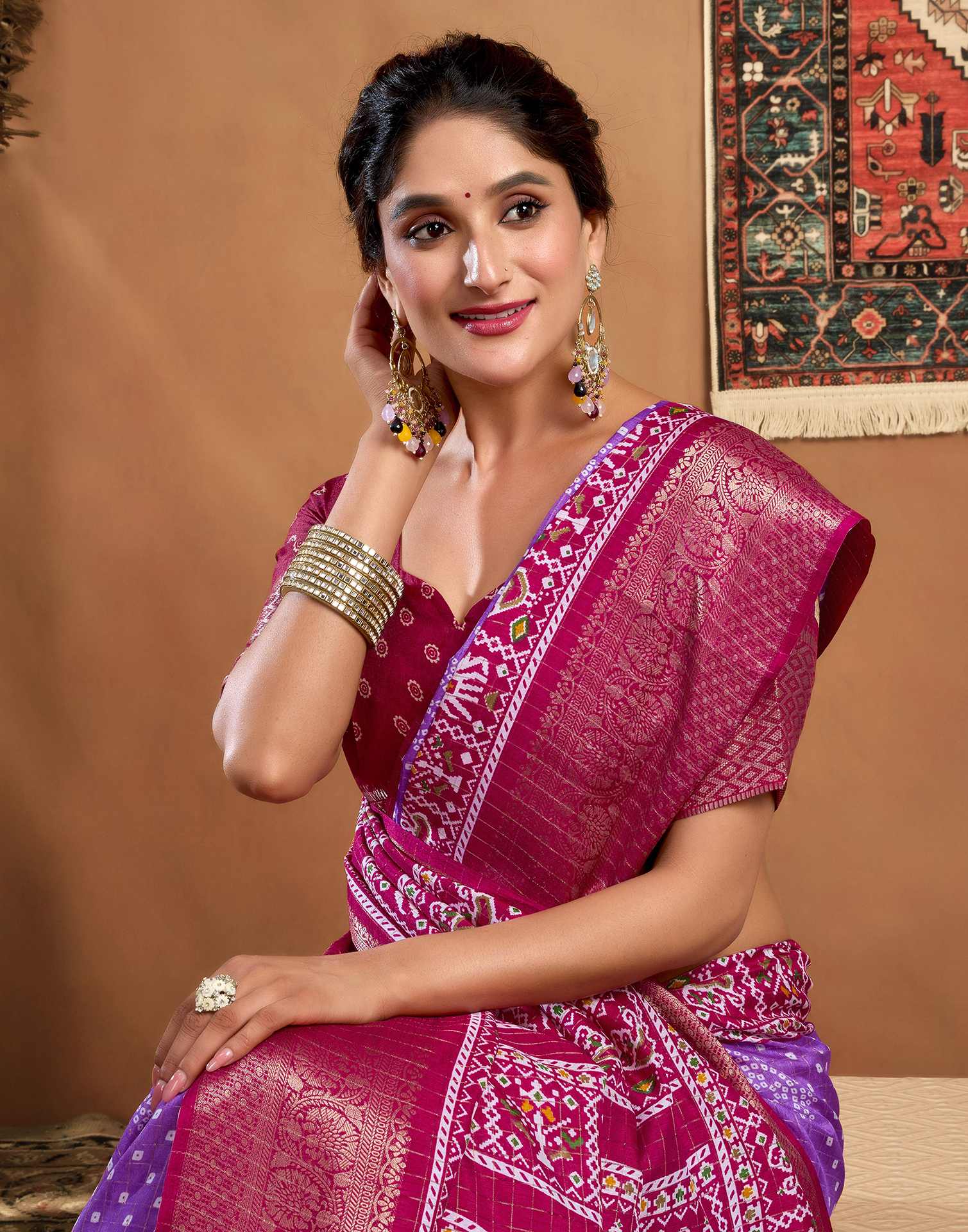 Purple Silk Printed Bandhani Saree - Image 2