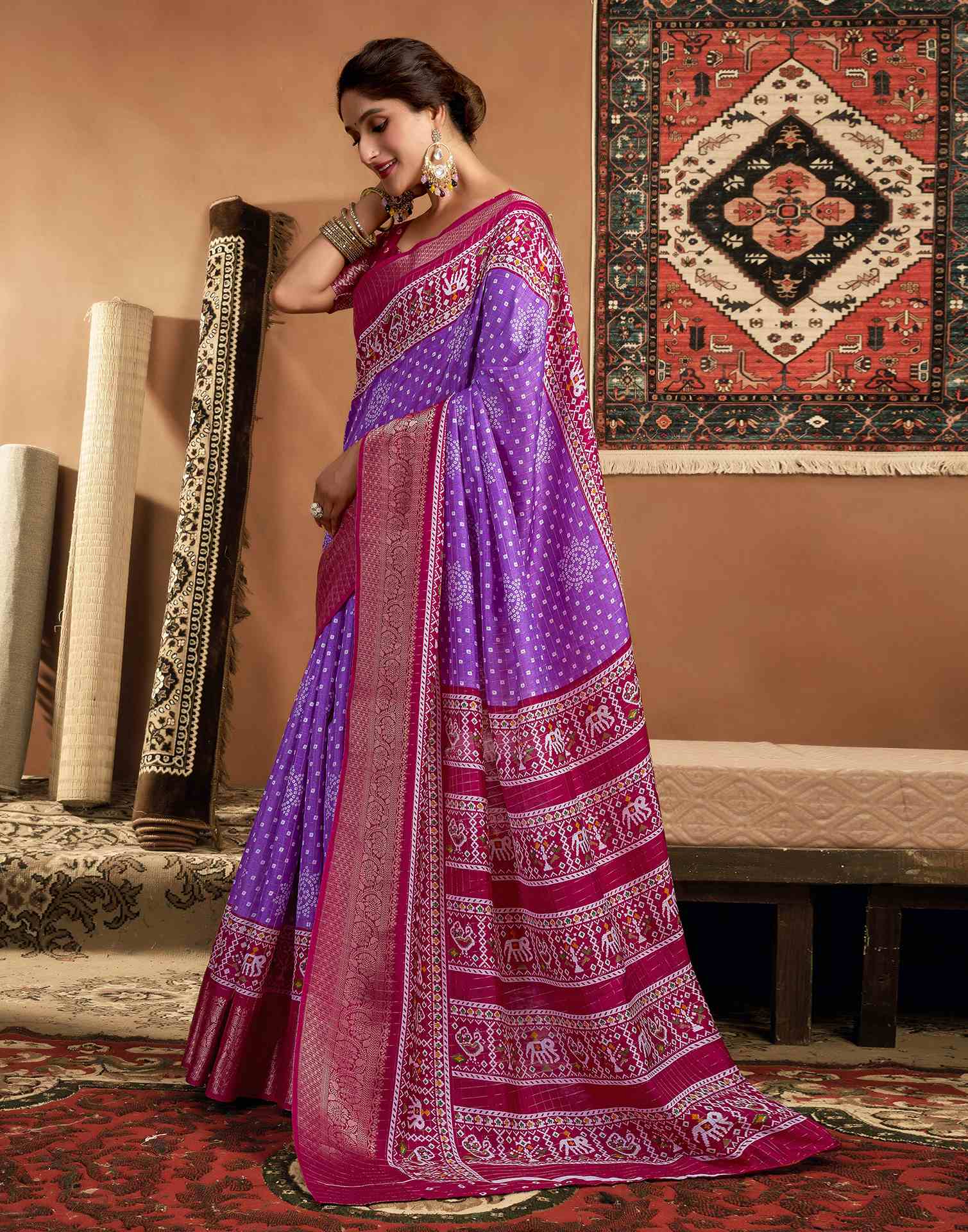 Purple Silk Printed Bandhani Saree - Image 4