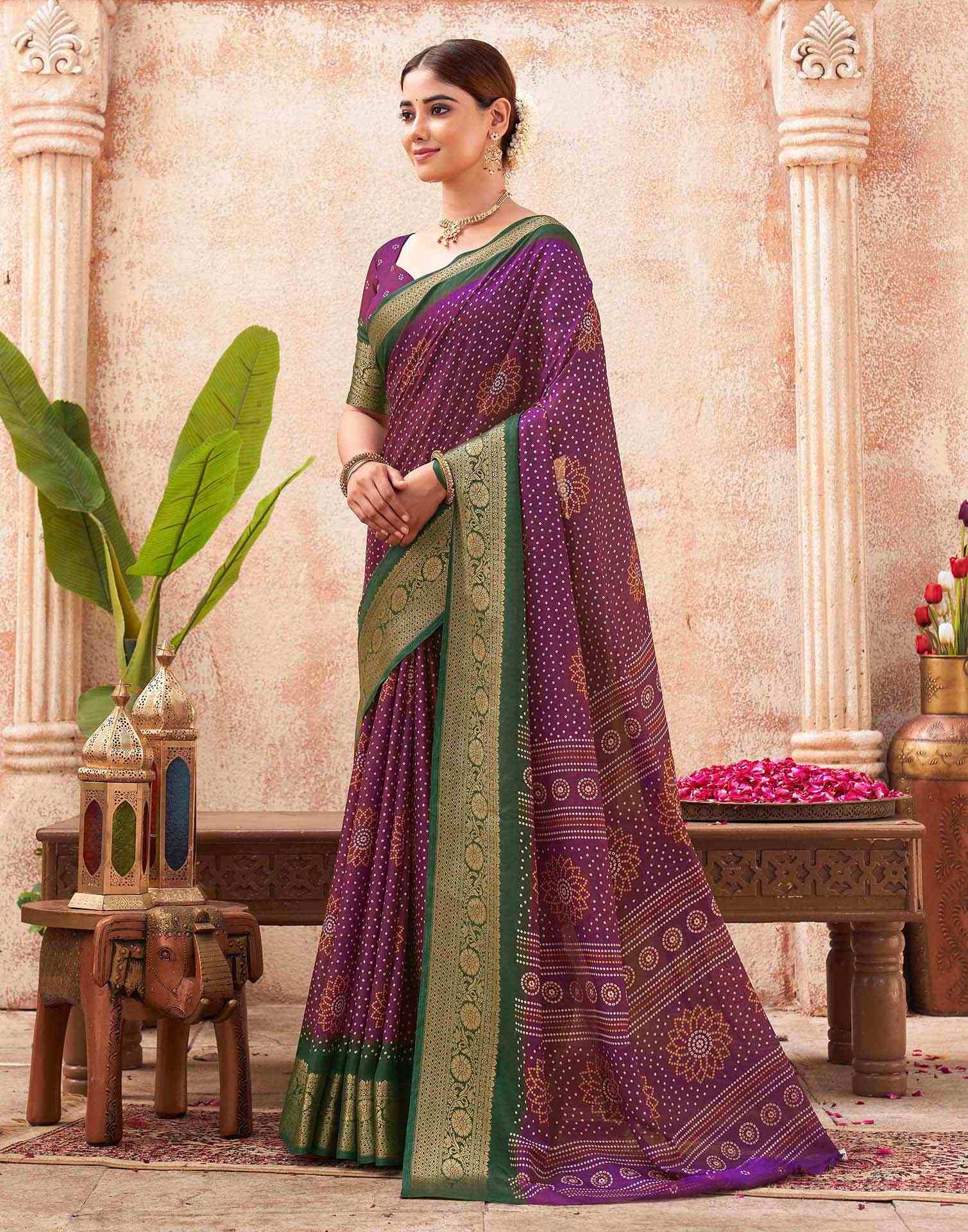 Purple Silk Printed Bandhani Saree - Image 4
