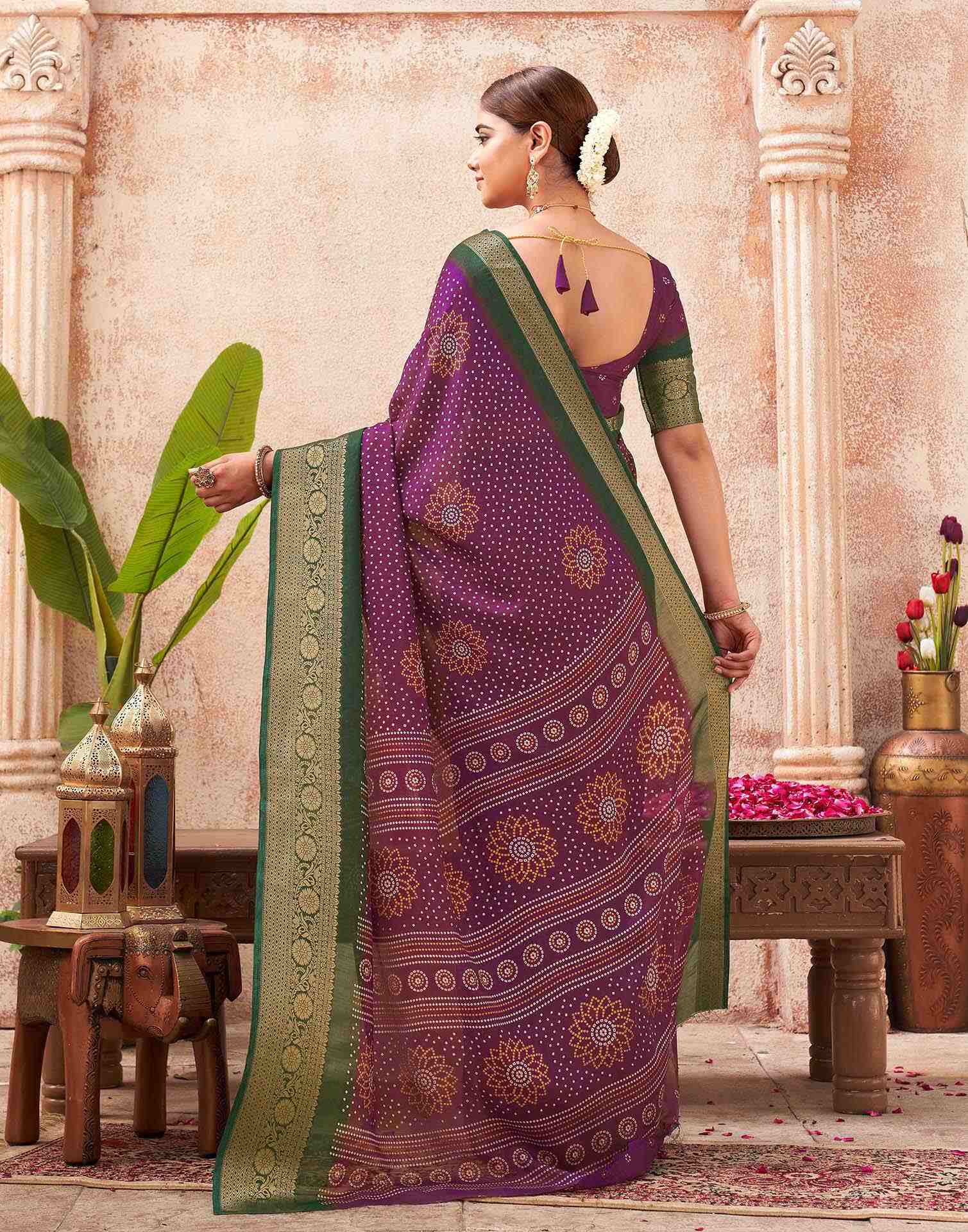 Purple Silk Printed Bandhani Saree - Image 5